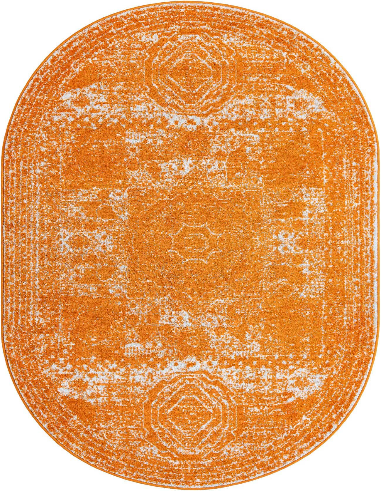 An oval 5' 3 x 8' 0 orange area rug with a distressed white pattern, suitable for indoor use.