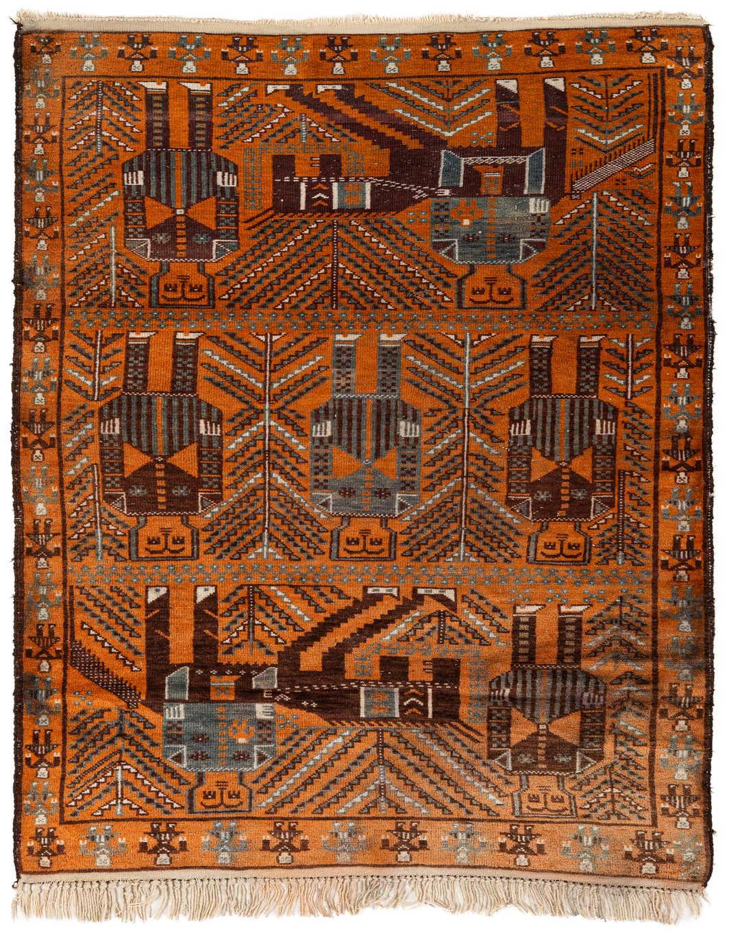 A 4x6 rectangular Afghan Ersari rug featuring a tribal pattern in shades of orange, brown, and blue, with fringe.