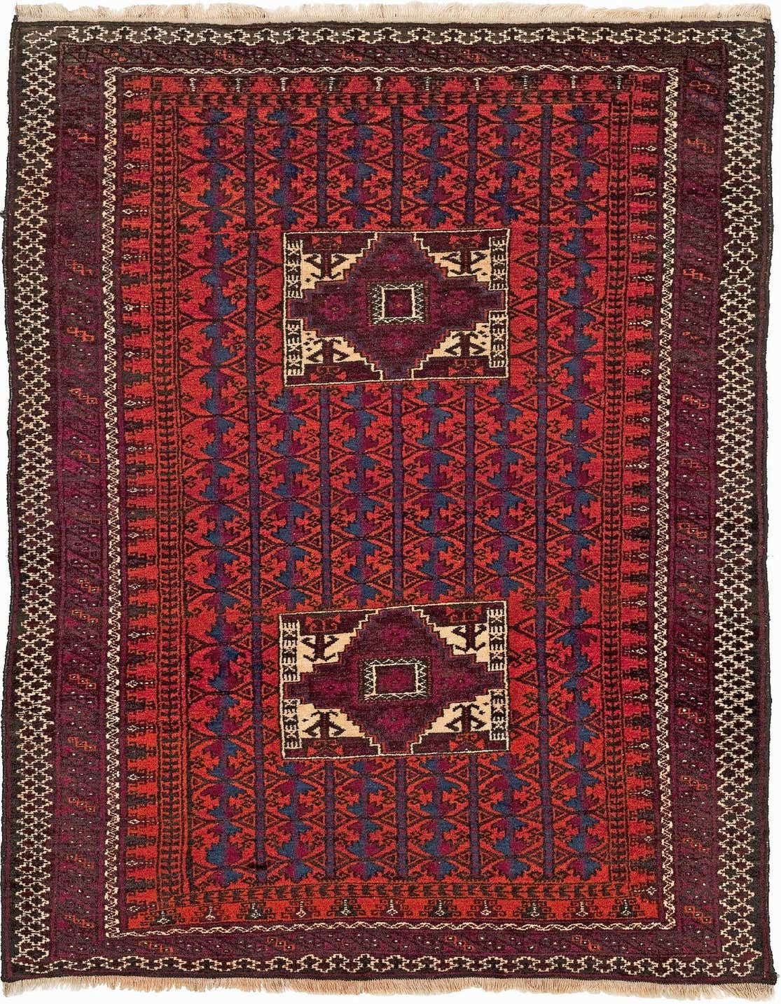 A 3x5 rectangular Afghan tribal rug featuring a vibrant orange and red field with navy blue and cream geometric patterns, handmade from sheep virgin wool.