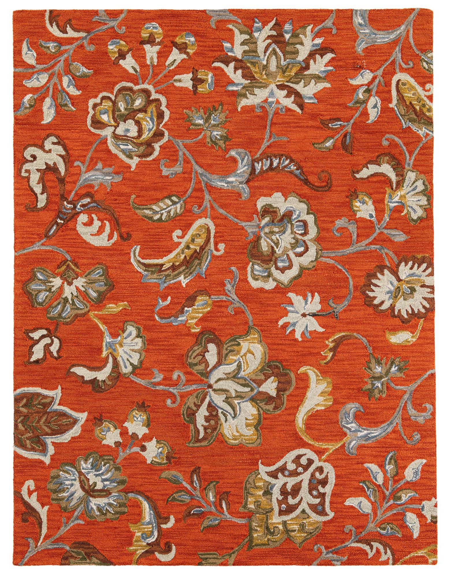 An 8x10 rectangular orange rug with a high pile, featuring an intricate traditional floral pattern in cream, brown, and blue.