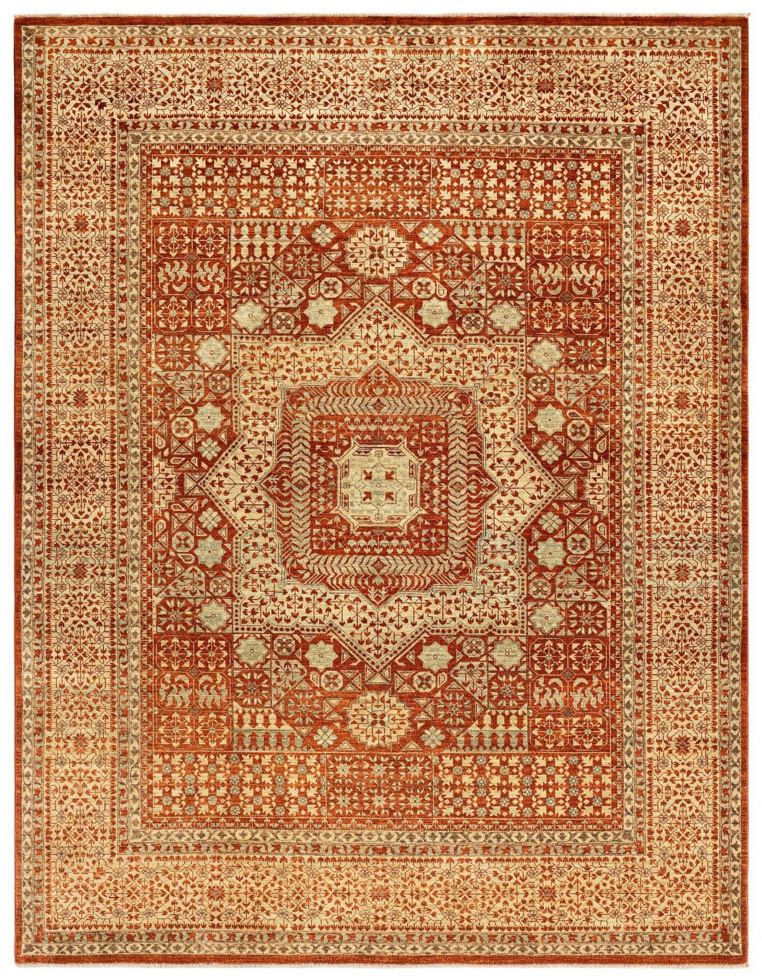 A 6x9 rectangular Amina Persian rug in rich orange and cream, featuring intricate traditional patterns.