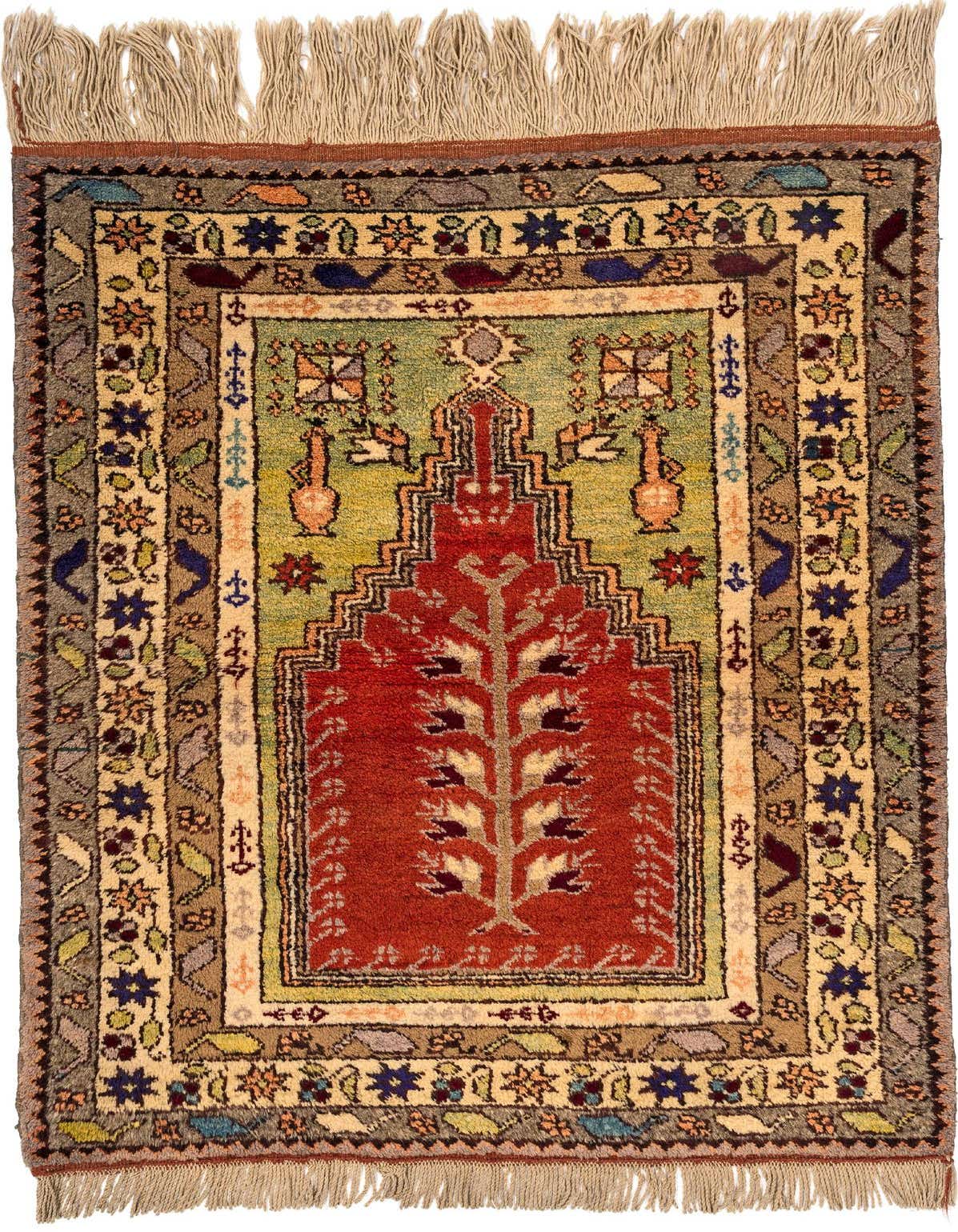 A 3x5 rectangular Anatolian wool rug featuring a traditional tree of life design in oranges, greens, and blues, with fringed ends.