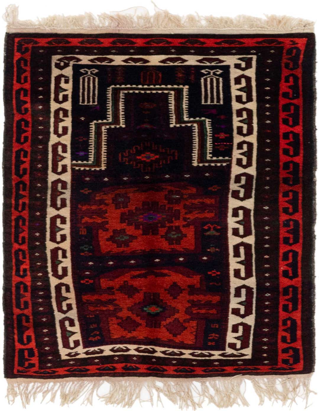 A 3x4 rectangular Anatolian wool rug in traditional tribal style, featuring rich oranges, dark brown, and cream patterns with fringe.