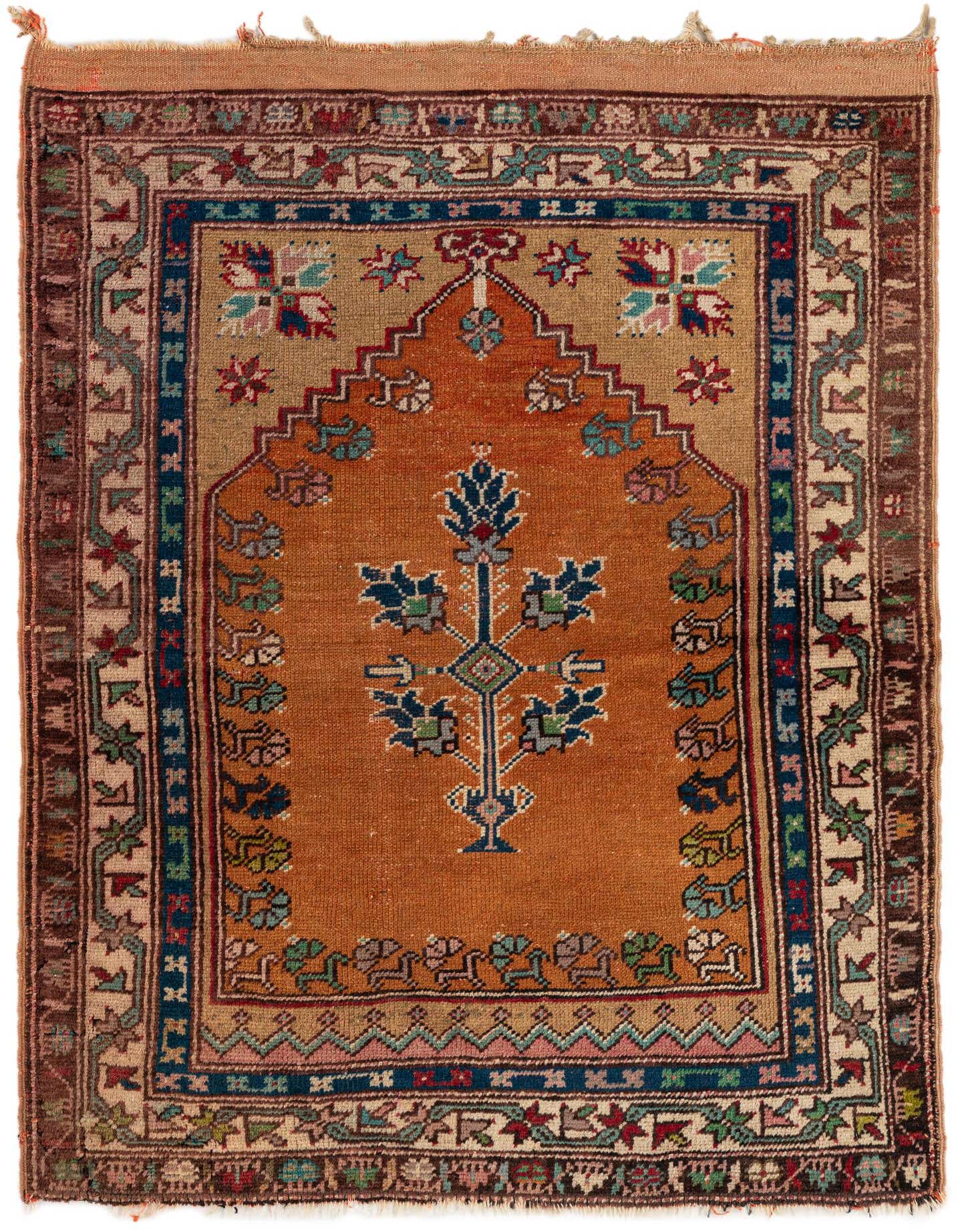 A 3x4 rectangular Anatolian Oriental rug with an orange field, featuring a central tree-of-life motif and intricate floral borders in blues, greens, and reds.