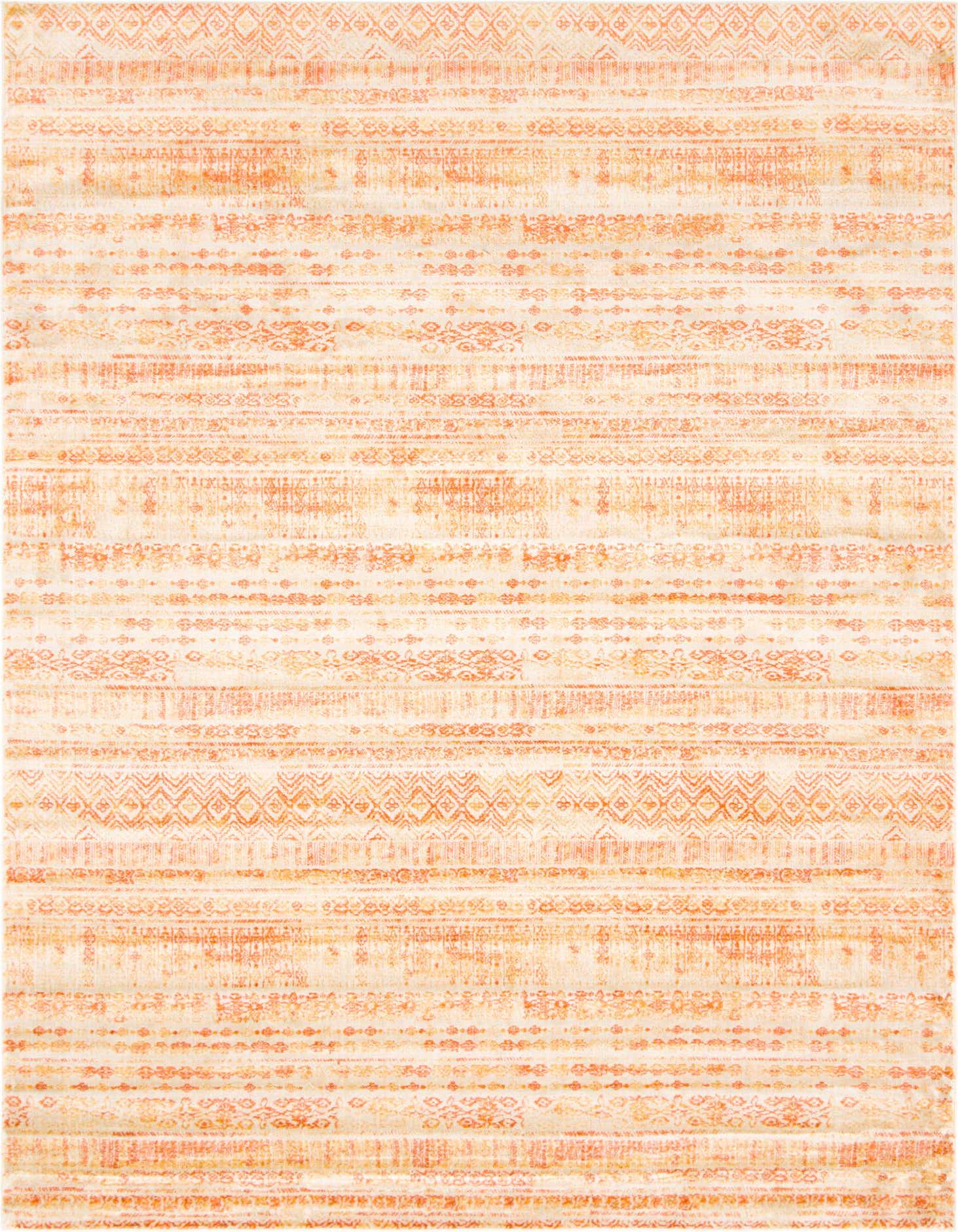A 9x12 rectangular indoor rug featuring a bohemian stripe pattern in various shades of orange and cream.