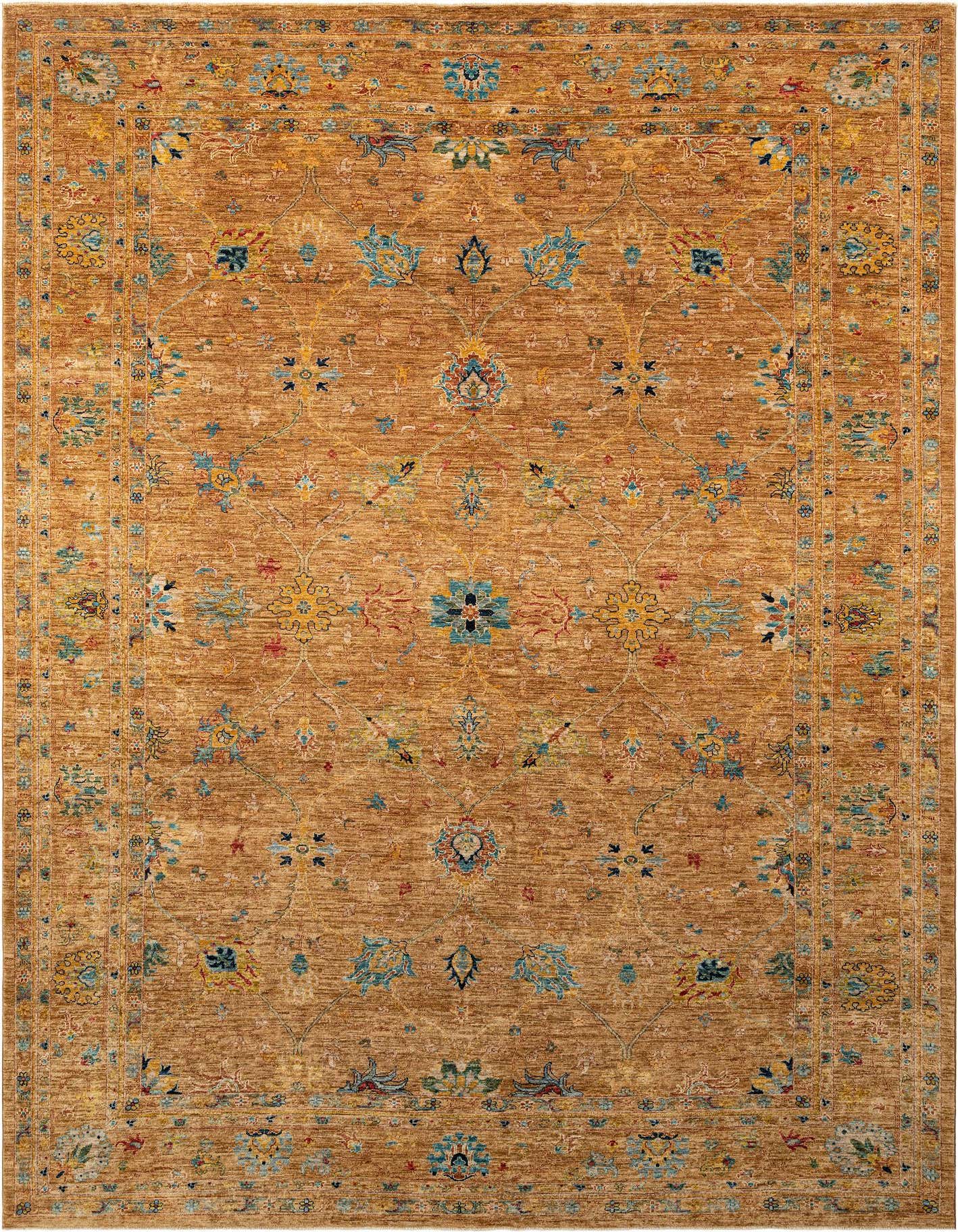 A rectangular handmade Persian wool rug in shades of orange with intricate floral and medallion patterns in blue, yellow, and red.