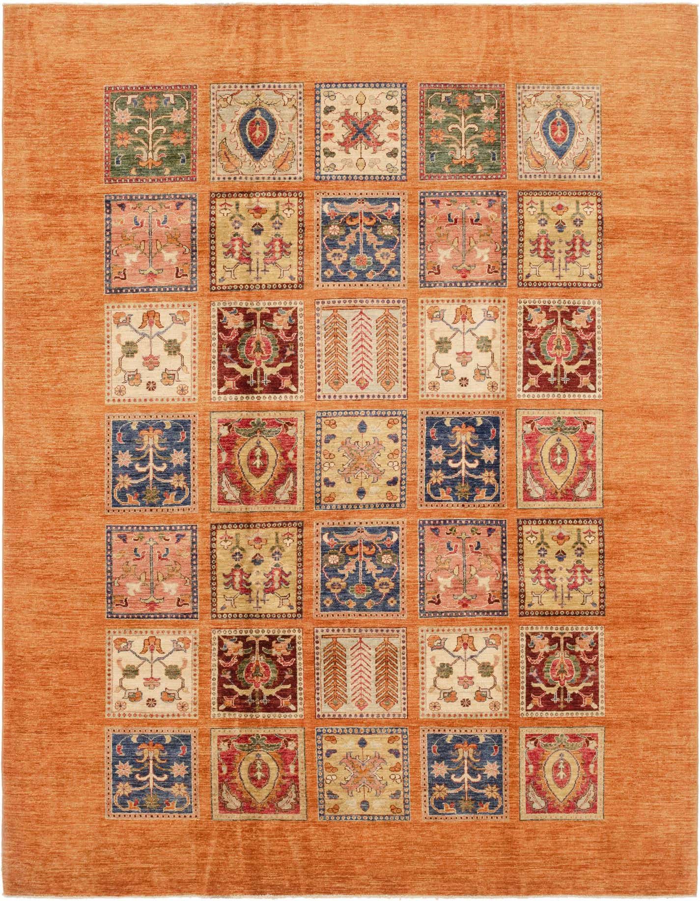 A 7x10 rectangular Ariana Ziegler rug featuring an orange border and a grid of colorful Southwestern and Oriental patterns.