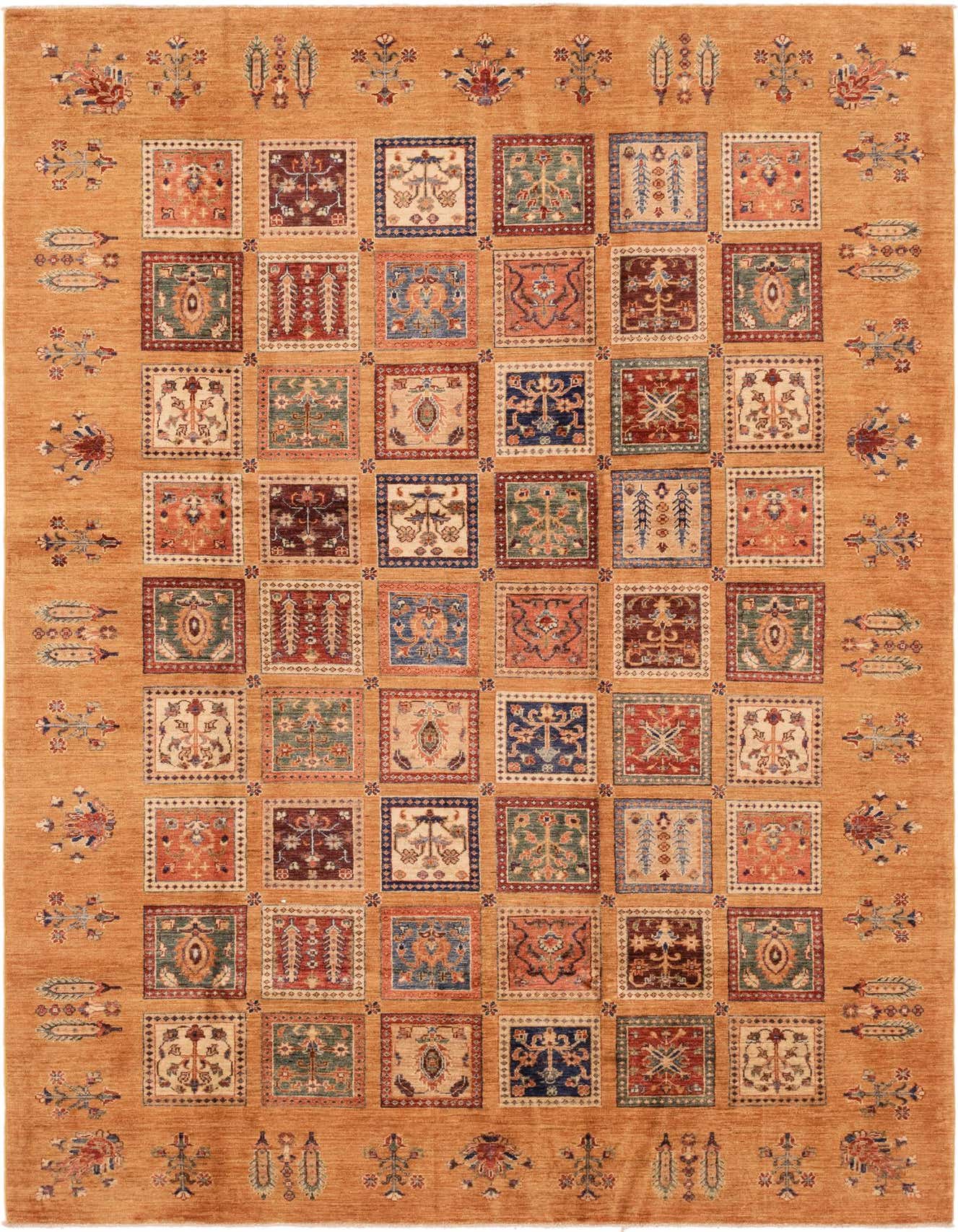 A 6x9 rectangular orange tribal rug featuring a grid of colorful squares with diverse patterns, ideal for a living room.