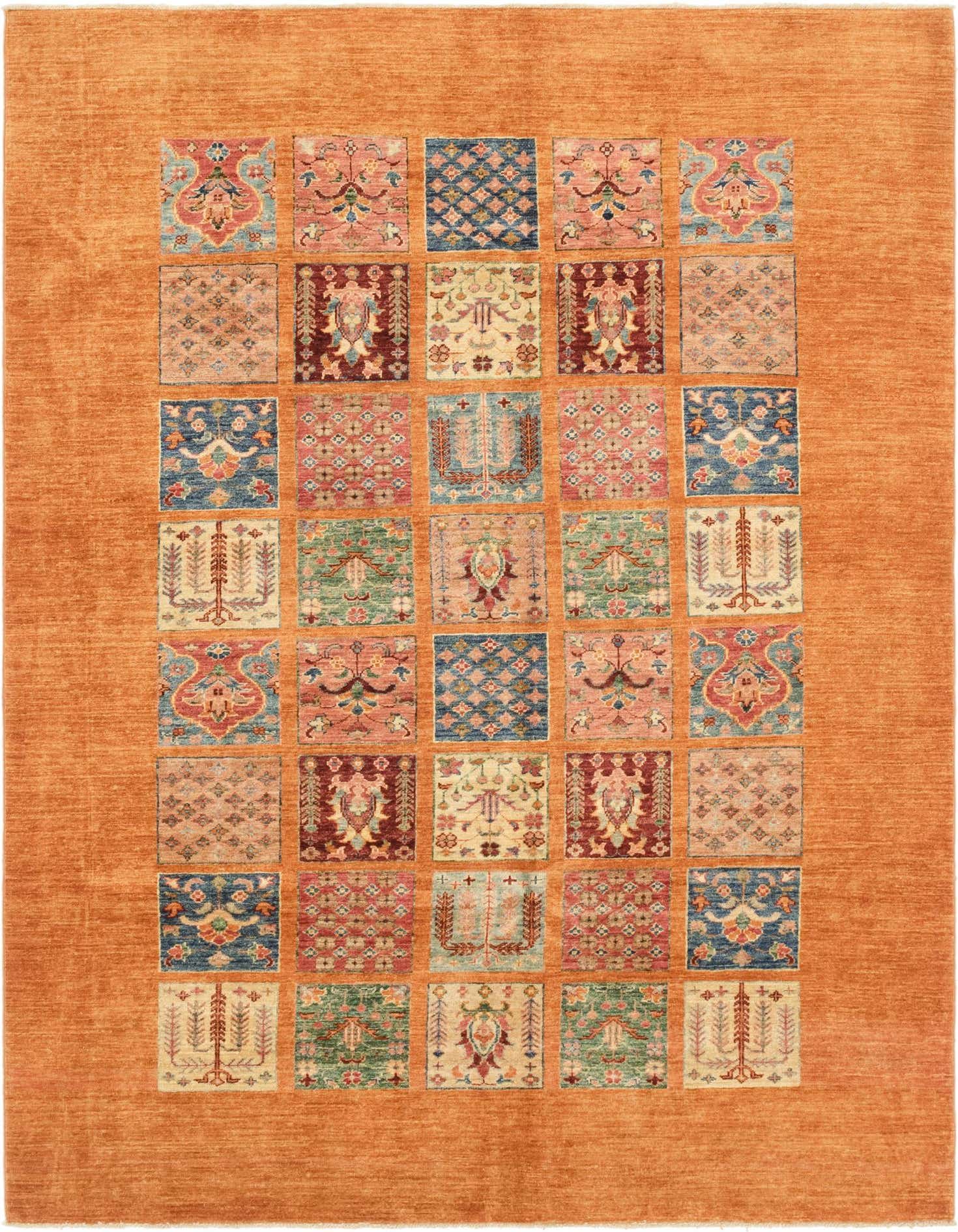 A 6x9 rectangular orange wool rug with a central grid of colorful traditional tribal patterns in various hues.