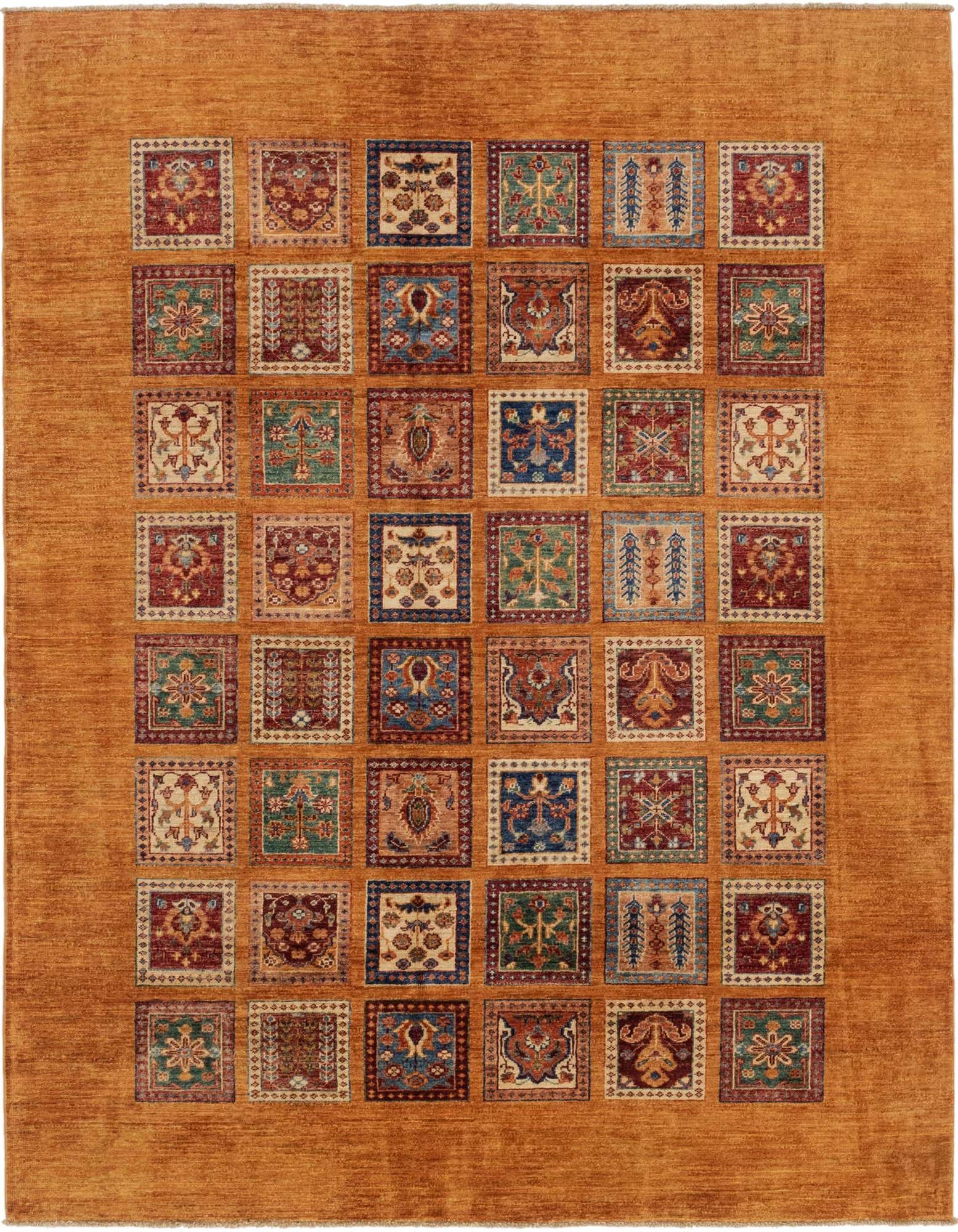 A 6x9 rectangular Ariana Ziegler rug featuring a warm orange border and a grid of colorful traditional tribal patterns.
