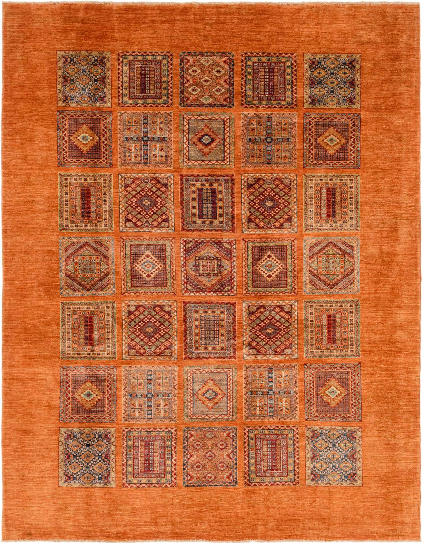 7x10 rectangular Ariana Ziegler rug featuring a vibrant orange border and a grid of diverse Southwestern and tribal patterns in rich multi-colors.