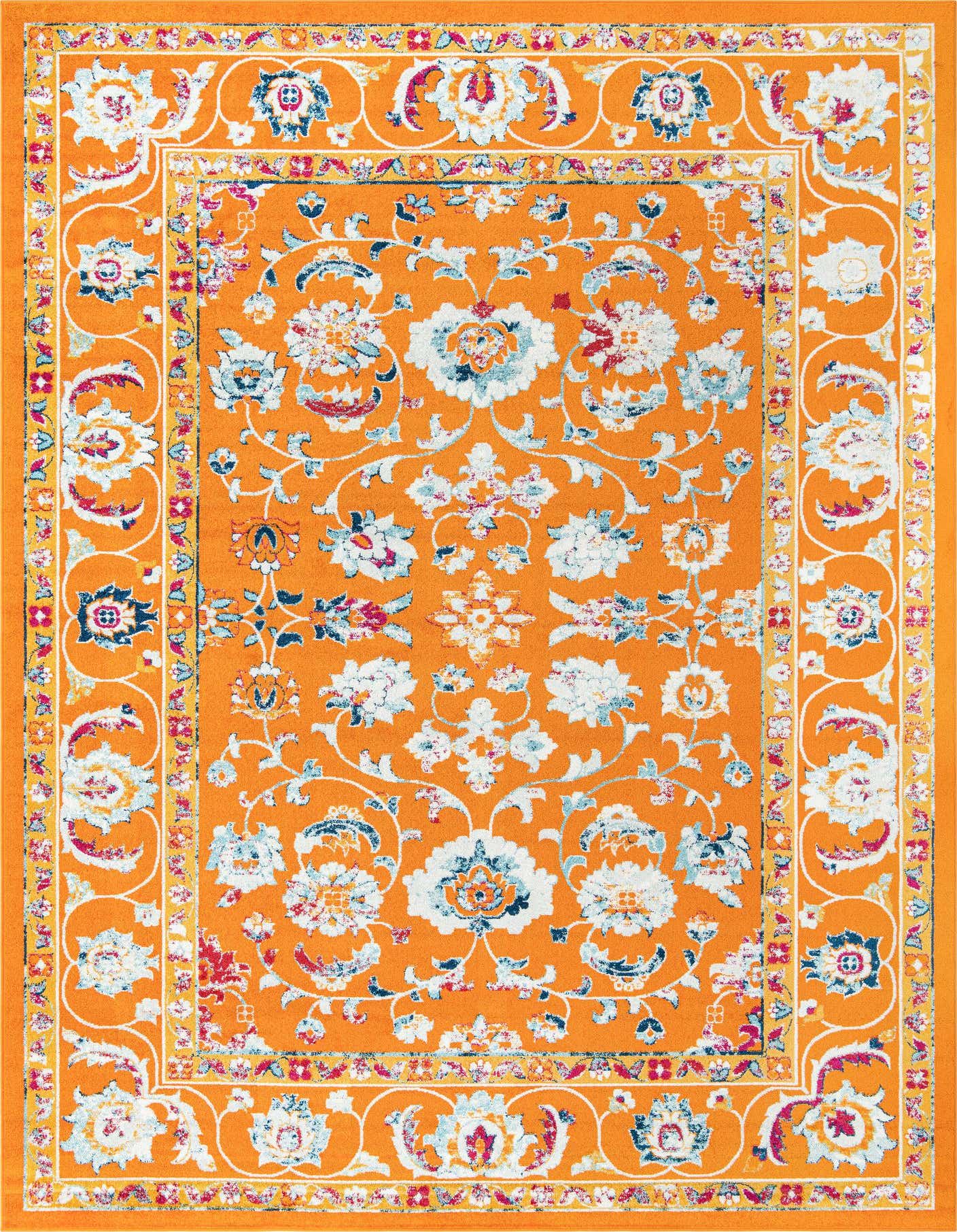 A 10x14 rectangular orange area rug with a traditional floral pattern in white, blue, and red, featuring a decorative border.