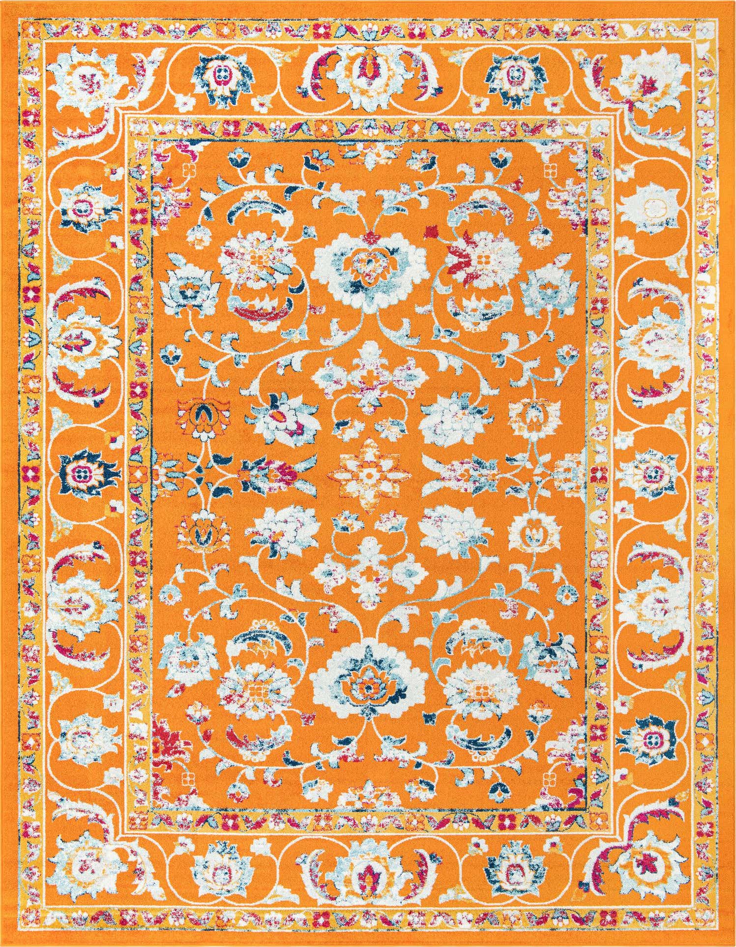 A 9x12 rectangular orange area rug with a traditional floral pattern in white, blue, and pink, featuring a decorative border.