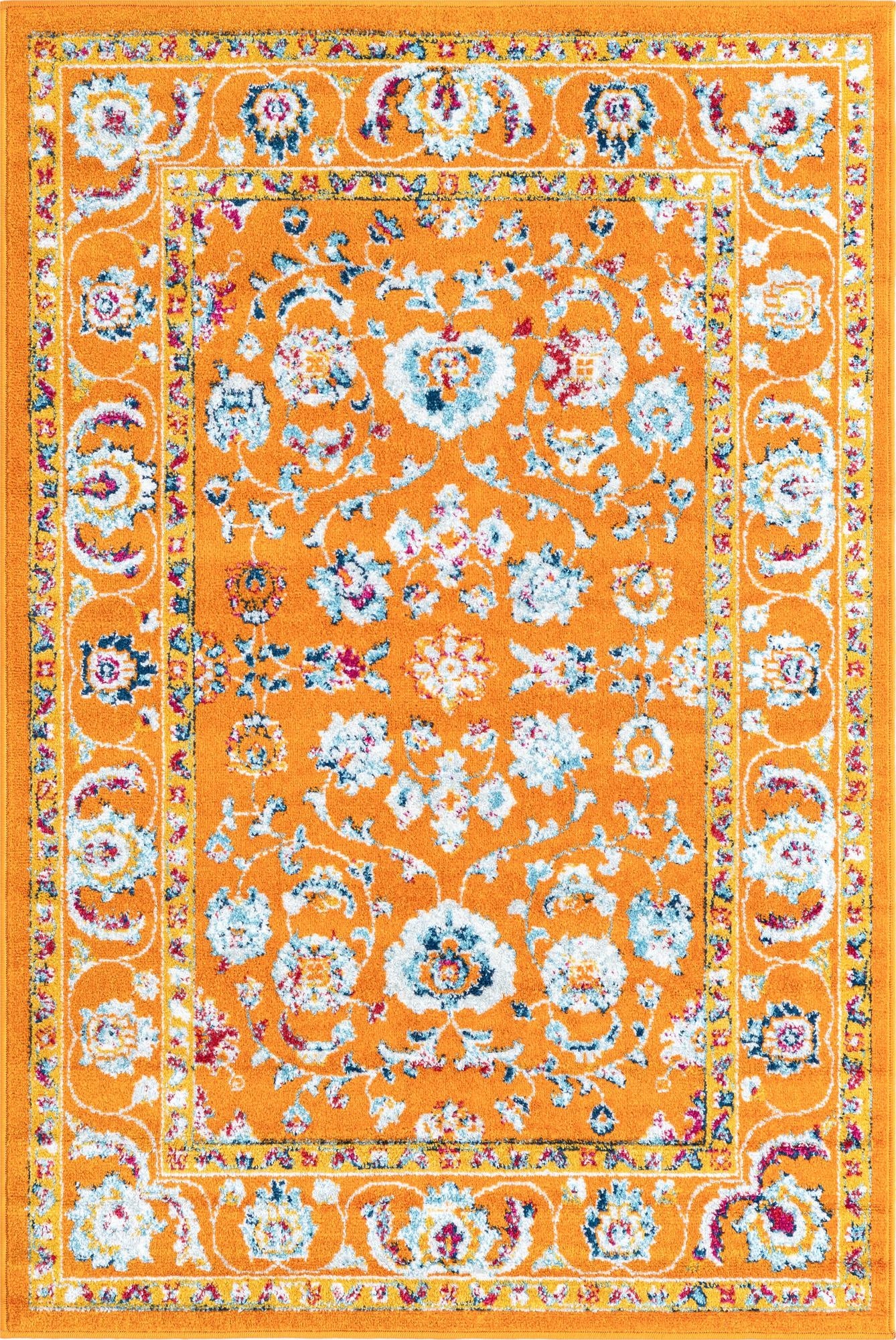 A 4x6 rectangular orange area rug with a traditional botanical pattern in light blue, white, and dark blue, featuring a floral border.