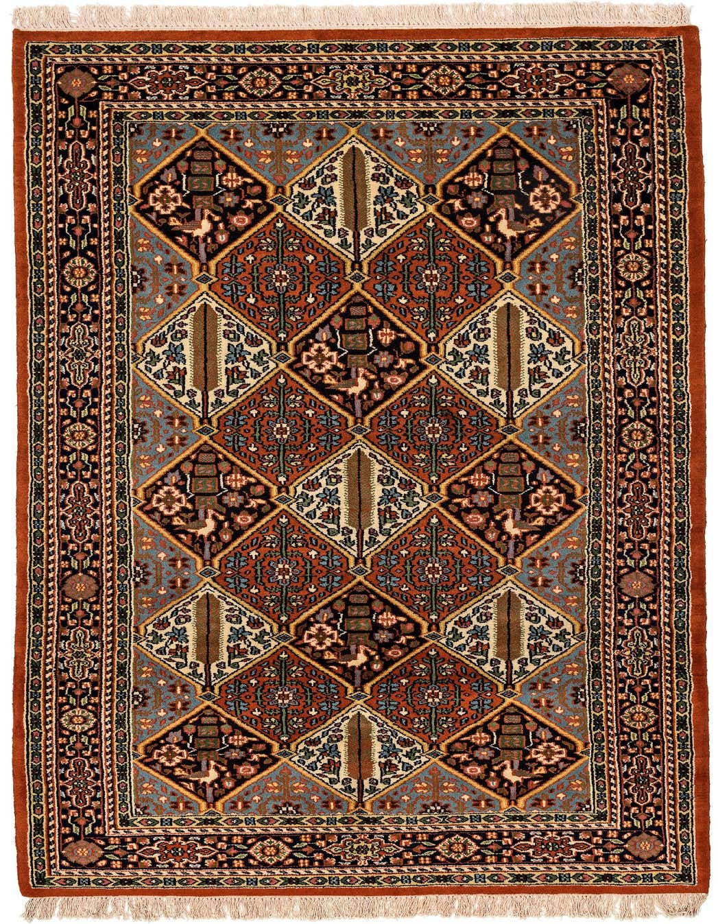 A 6x9 rectangular Bakhtiar tribal wool rug with a rich orange field and intricate diamond patterns in various colors.