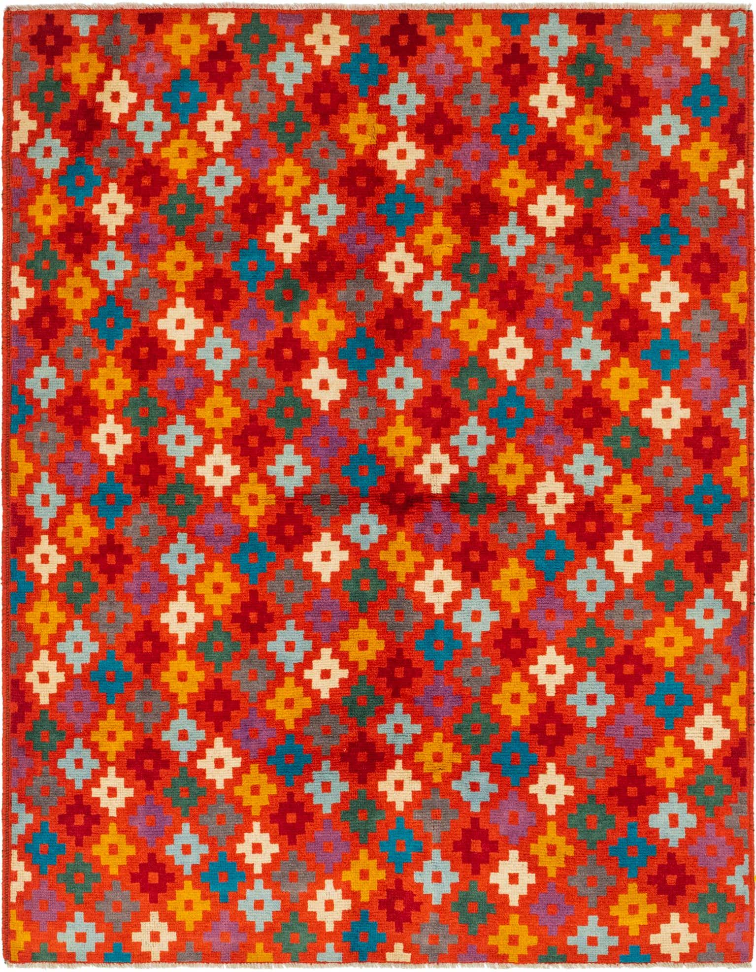 A 4x6 rectangular Balouch rug with a vibrant orange background and a colorful Southwestern tribal pattern.
