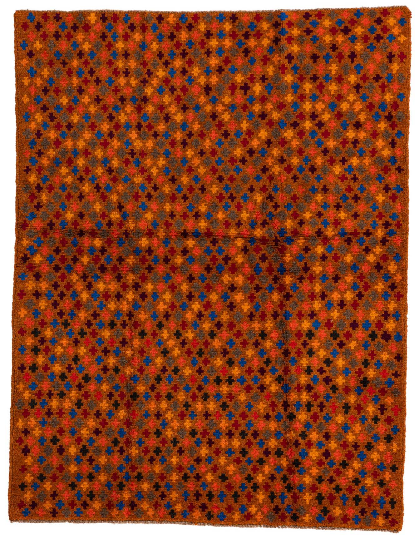A 4x6 rectangular Balouch rug with a traditional tribal pattern in various shades of orange, blue, red, and black.