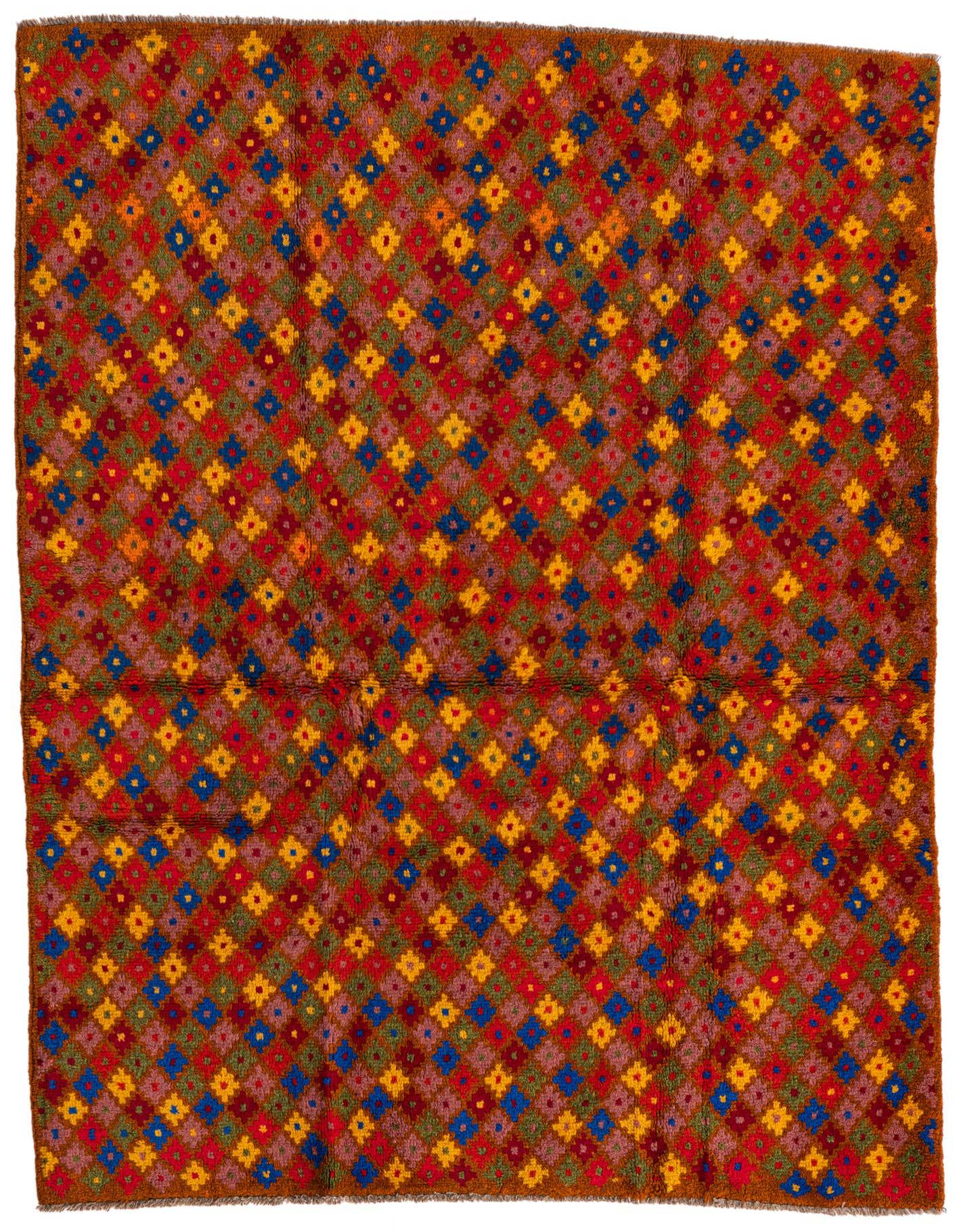 A 4x6 rectangular Balouch rug with a traditional tribal pattern in various shades of orange, red, blue, green, and yellow.