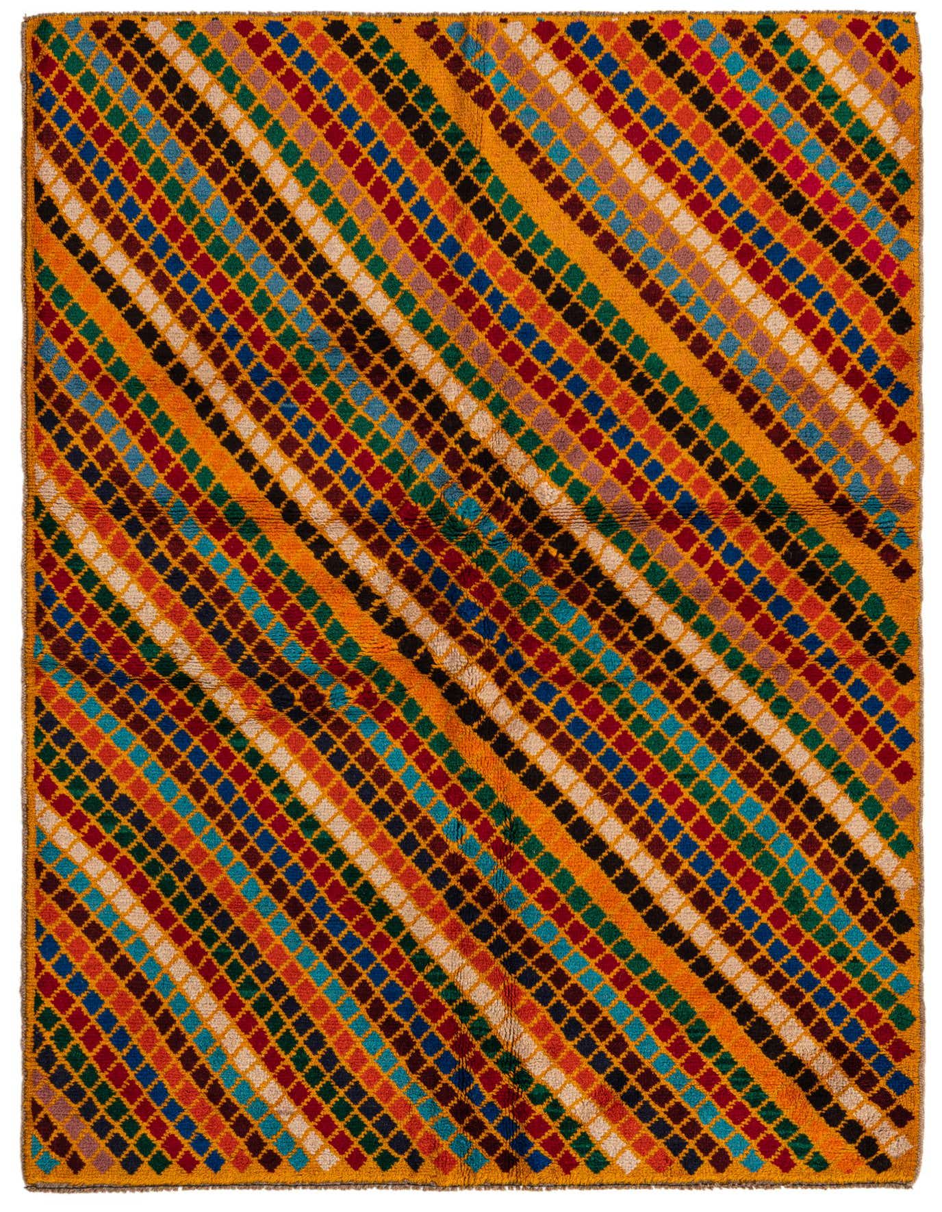 A vibrant 3x5 rectangular Balouch rug with an orange background and colorful diagonal stripes of tribal diamonds.