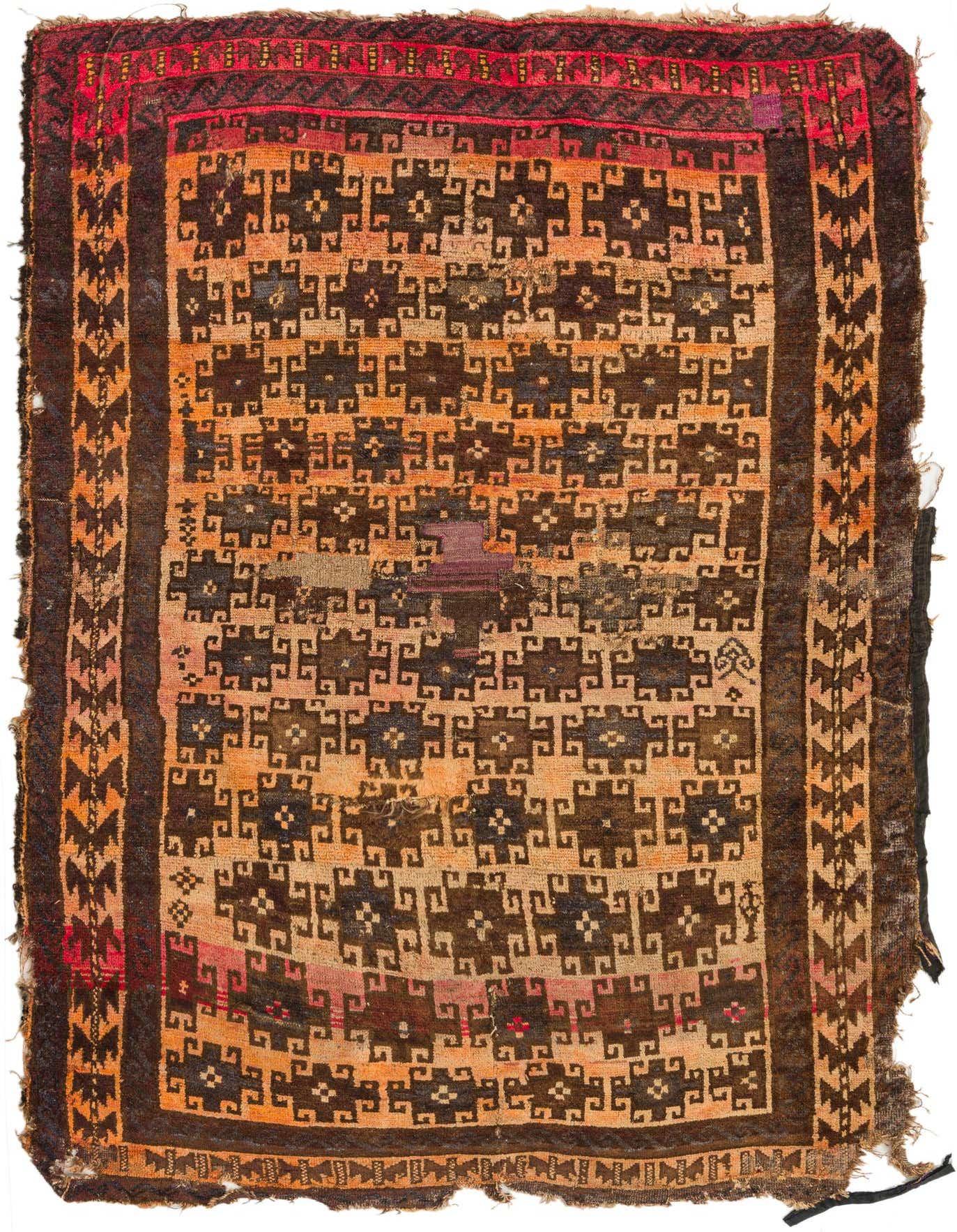 A 4x6 rectangular Balouch rug with a traditional tribal pattern in various shades of orange and dark brown, featuring a thin pile and handmade wool construction.
