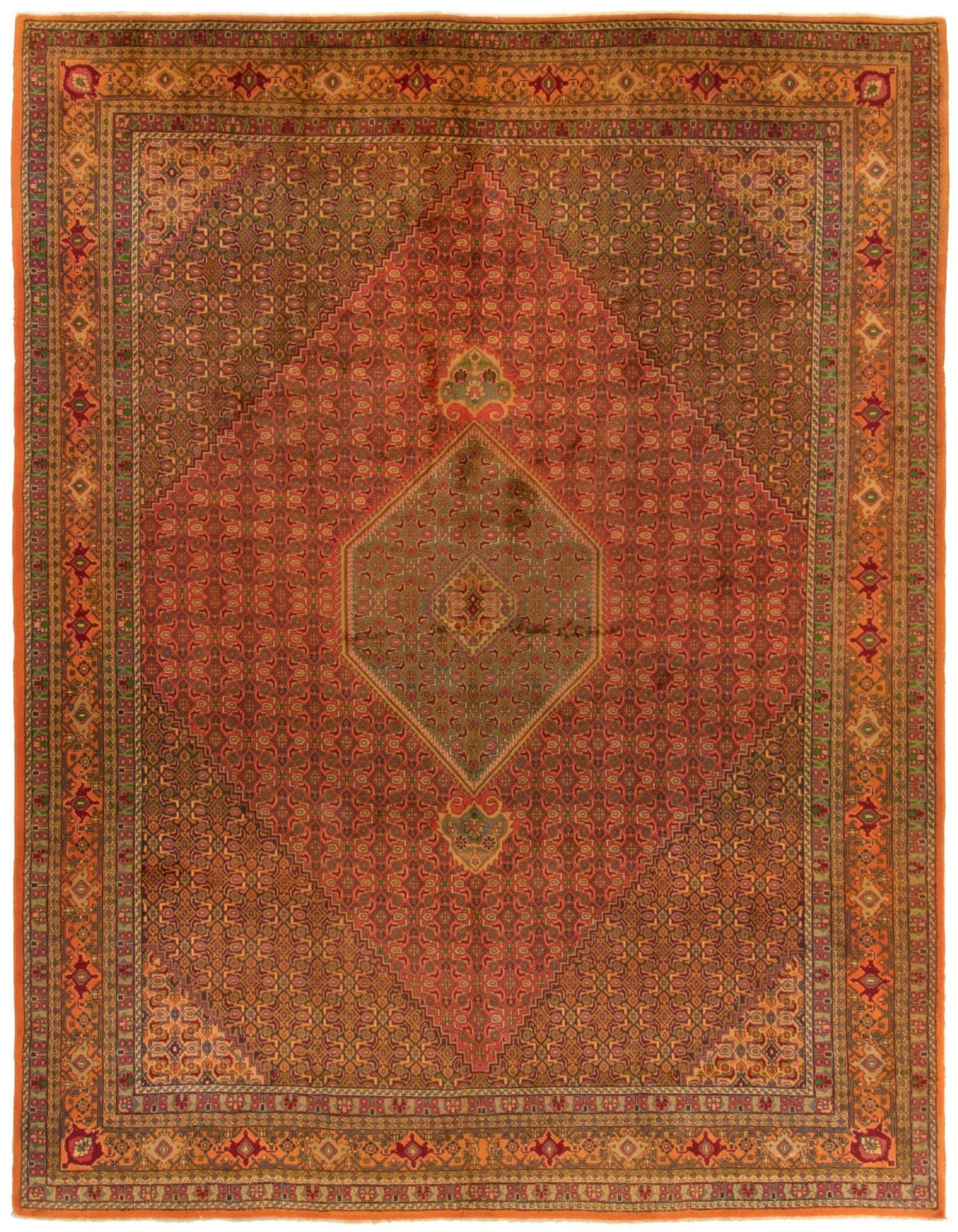 A large 10x12 rectangular Bidjar Persian rug featuring a central medallion in shades of orange, red, and green, with intricate traditional patterns.