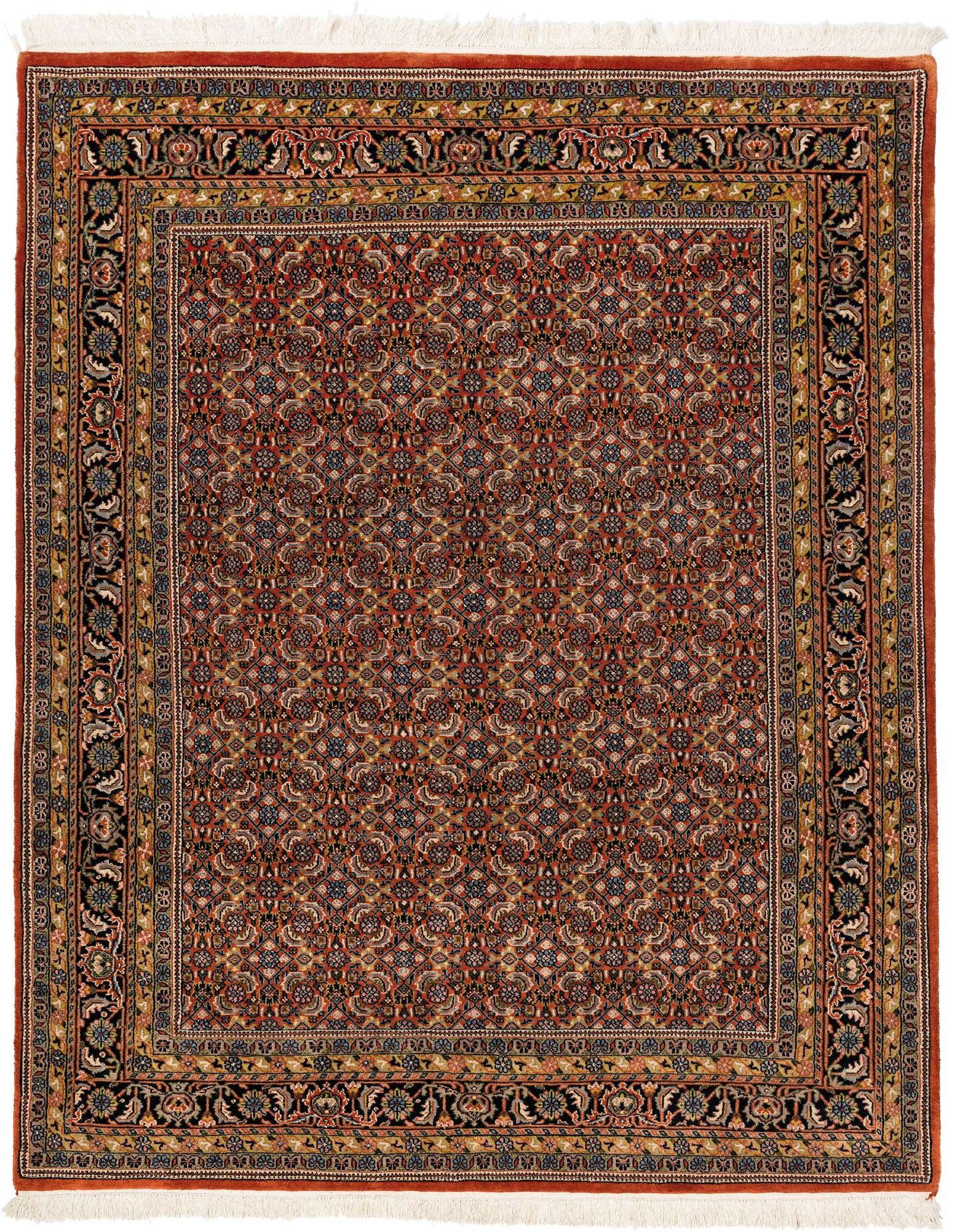 A 5x8 rectangular Bidjar rug in traditional Oriental style, featuring a rich orange and multi-color floral pattern with intricate borders.