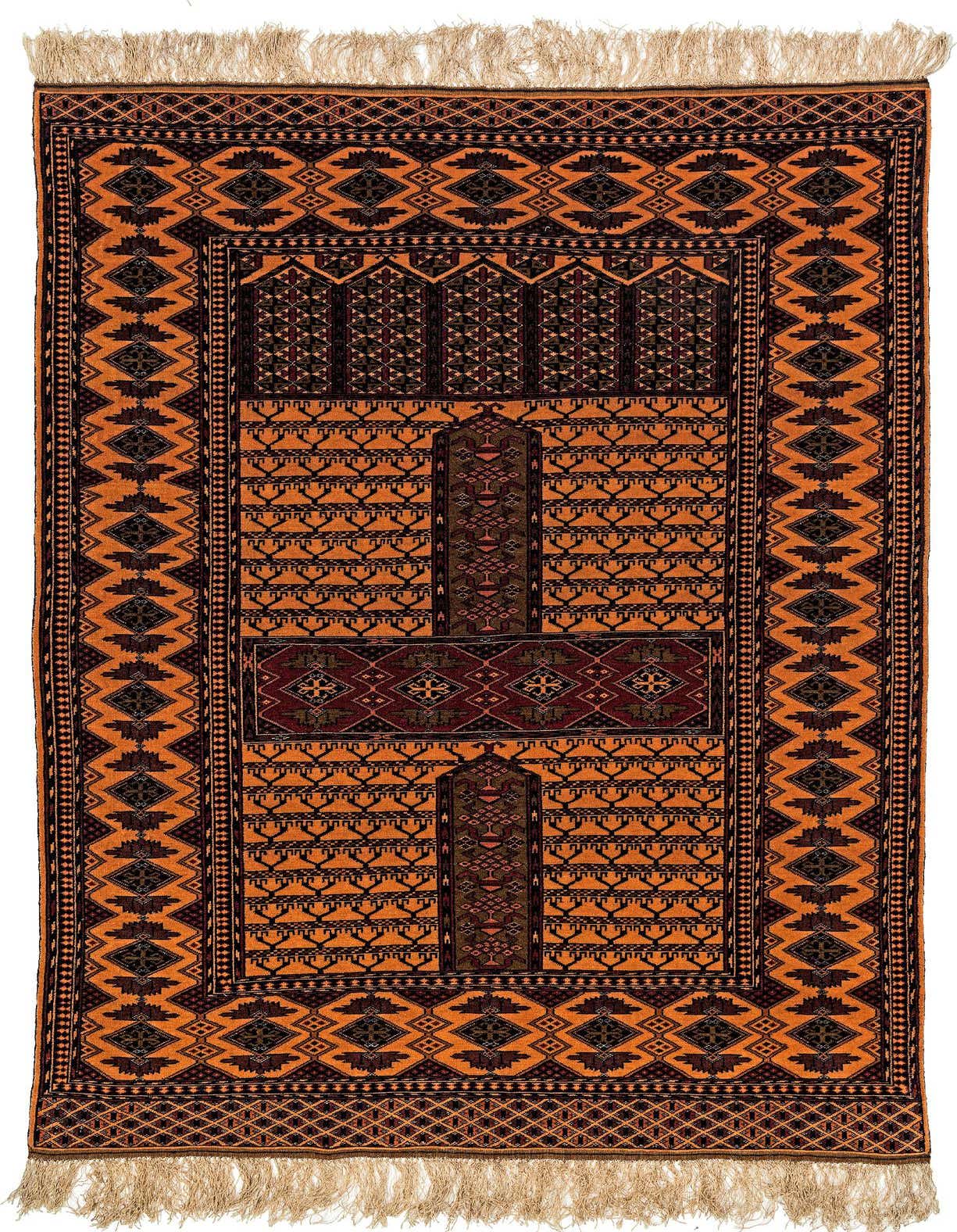 A 4x6 rectangular Bokhara wool rug featuring a vibrant orange background with intricate dark tribal and oriental patterns, finished with light fringes.