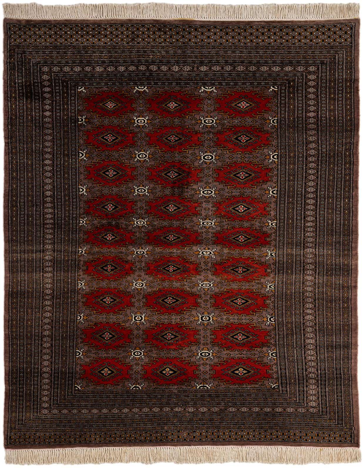 A 5x8 rectangular Bokhara rug featuring a rich orange field with tribal medallions and a dark brown border, suitable for a living room.
