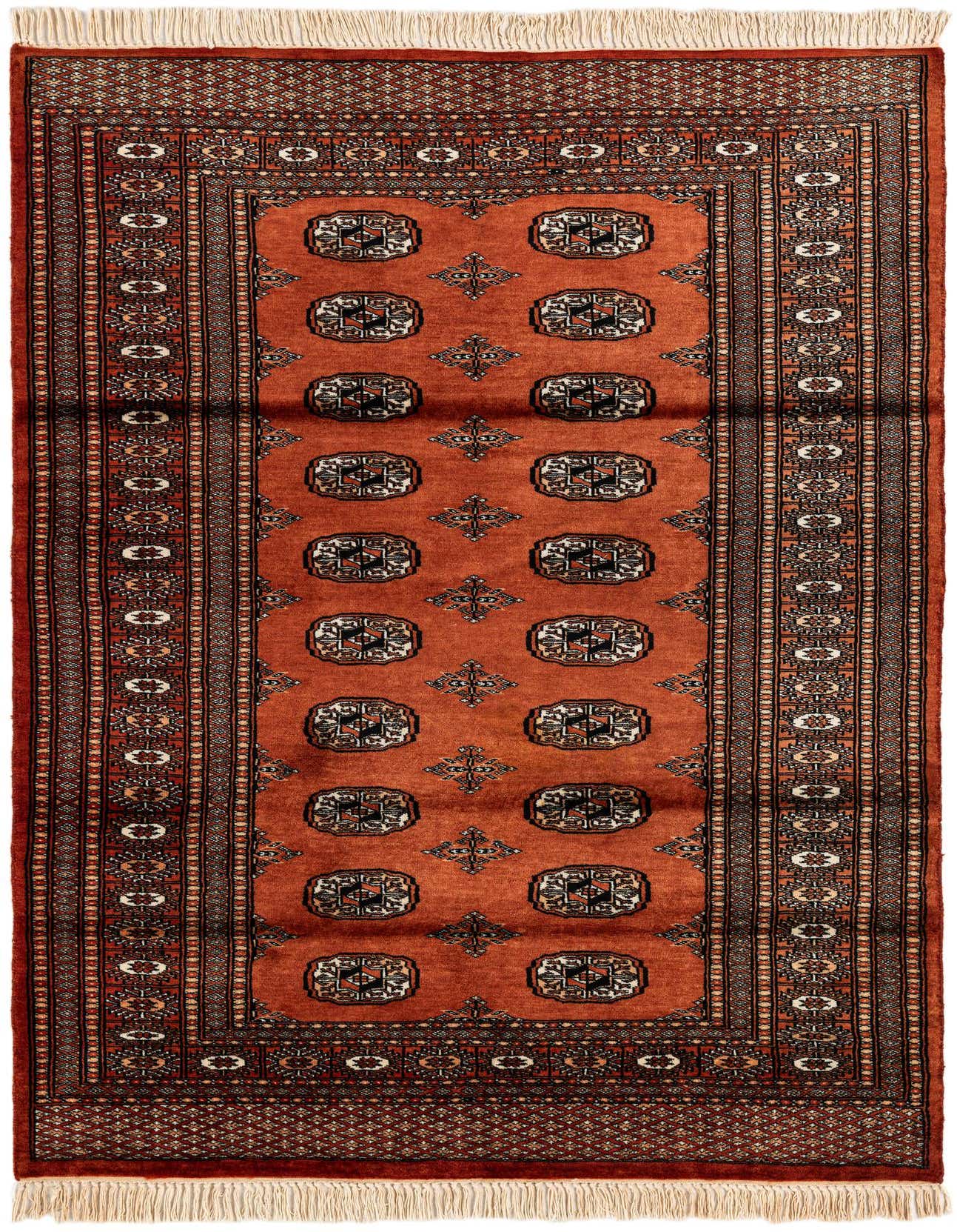 A 4x6 rectangular Bokhara rug in shades of orange with traditional tribal patterns and white fringe.