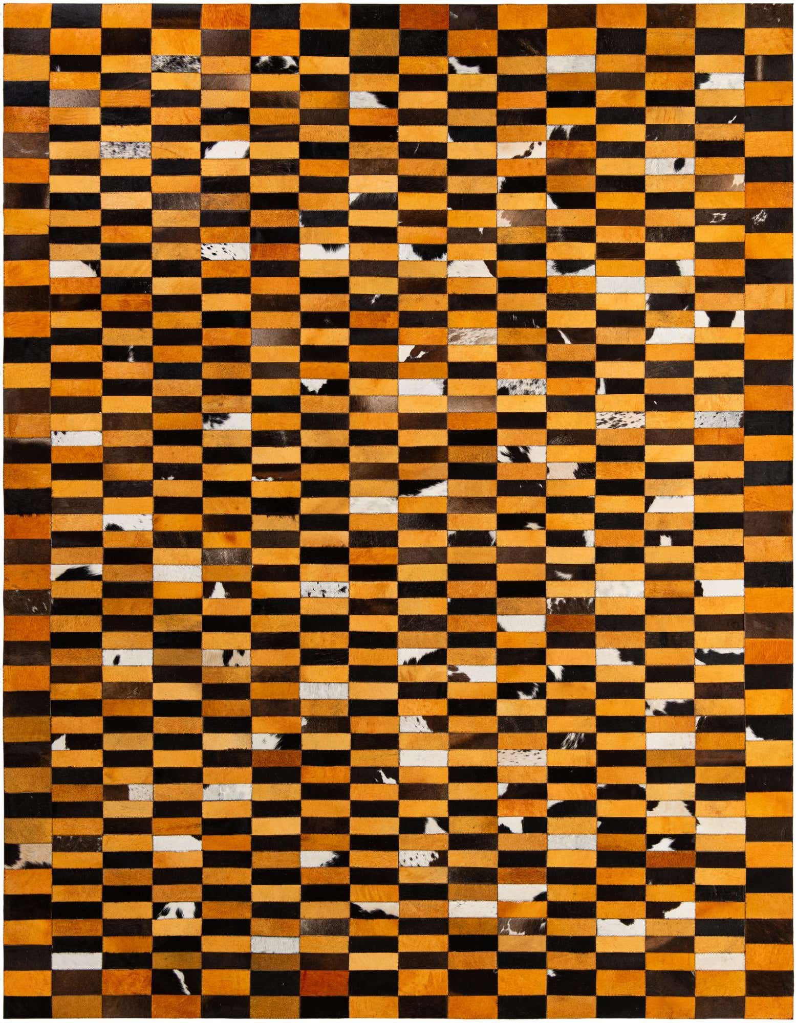 8x10 rectangular Cowhide Patchwork rug featuring a modern stripe pattern in varying shades of orange, black, and white.