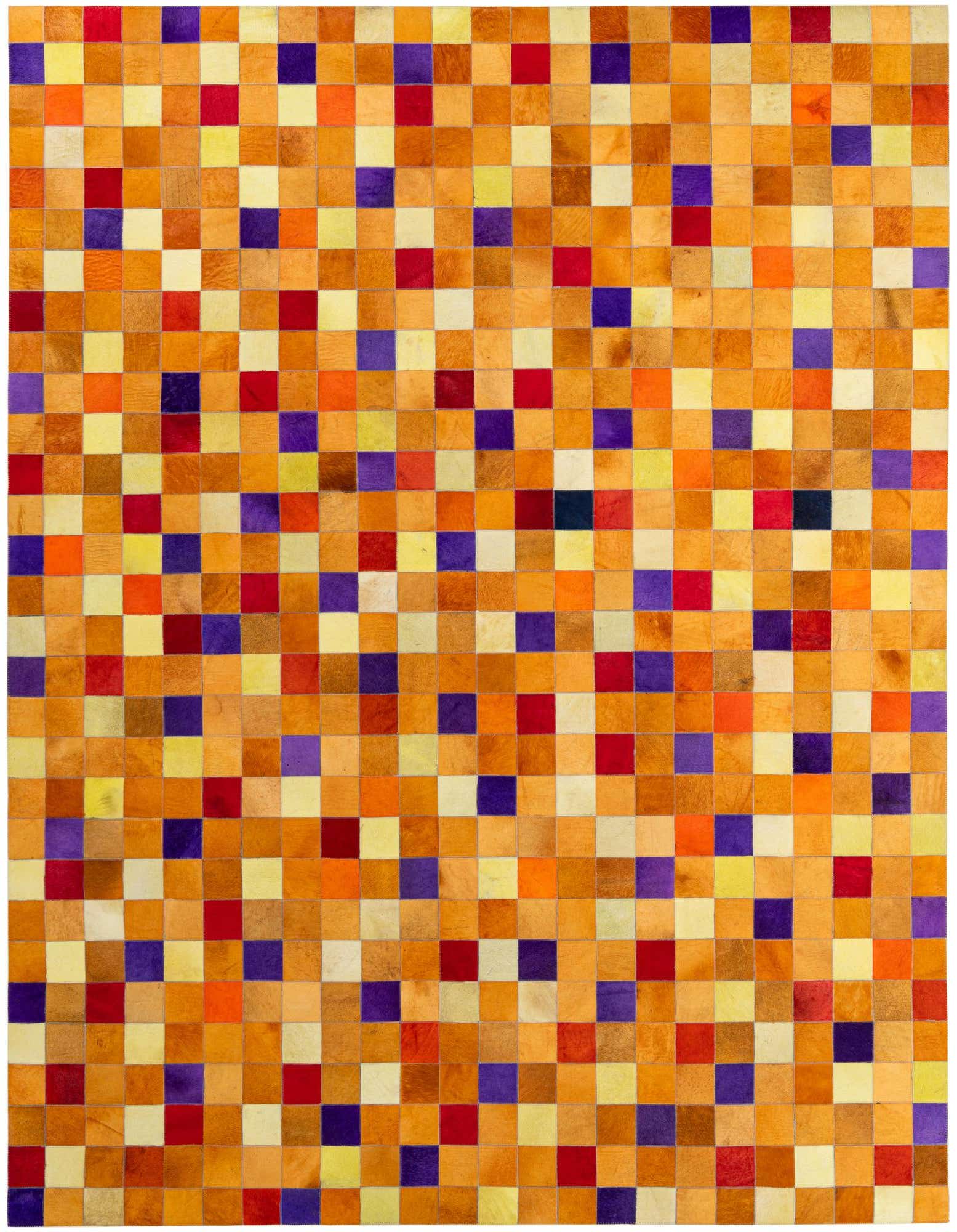 8x10 rectangular Cowhide Patchwork rug featuring a modern grid pattern of orange, red, purple, and yellow squares.