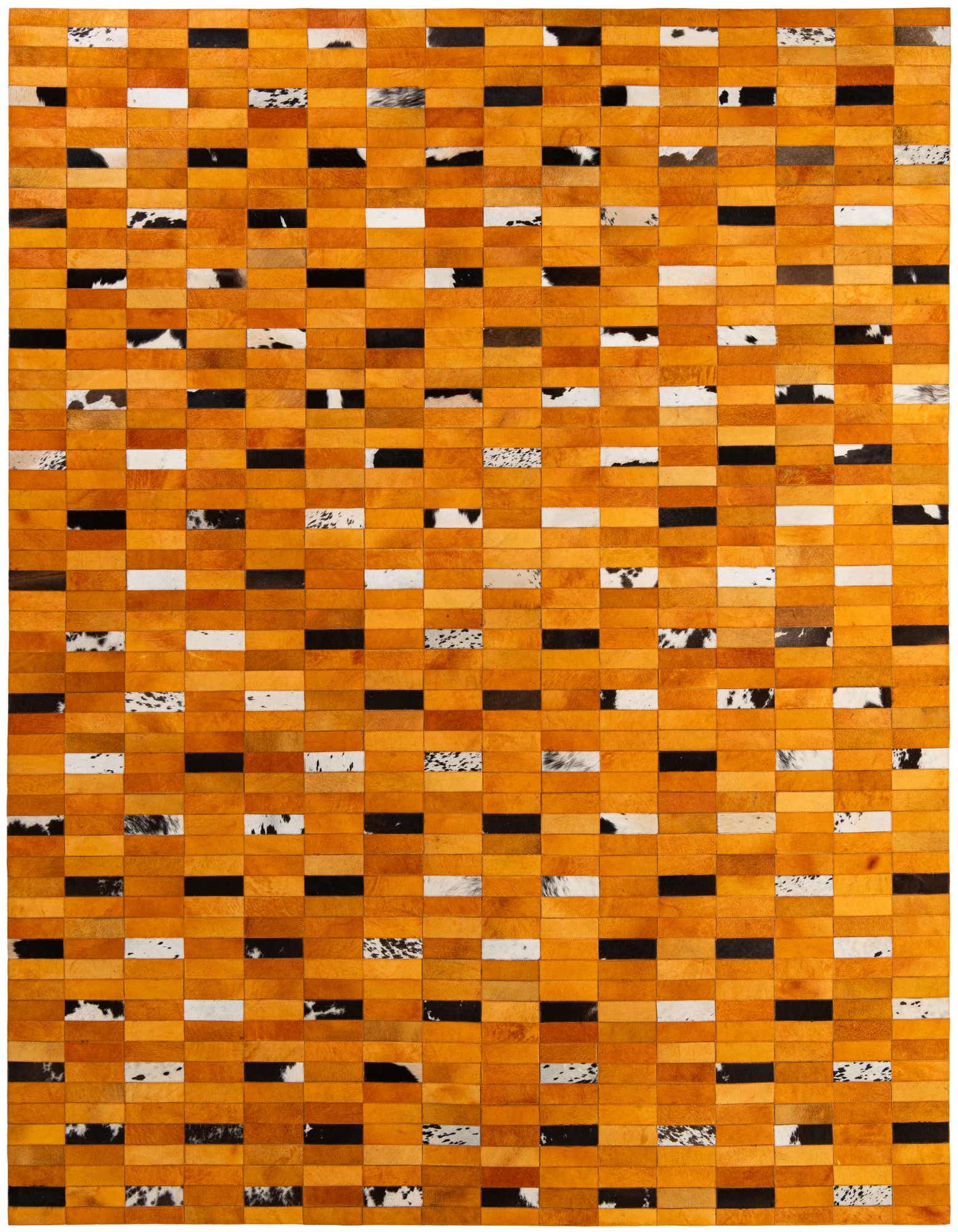 A rectangular 8x10 orange patchwork cowhide rug with a modern stripe pattern, featuring alternating blocks of solid orange, black, white, and spotted cowhide.