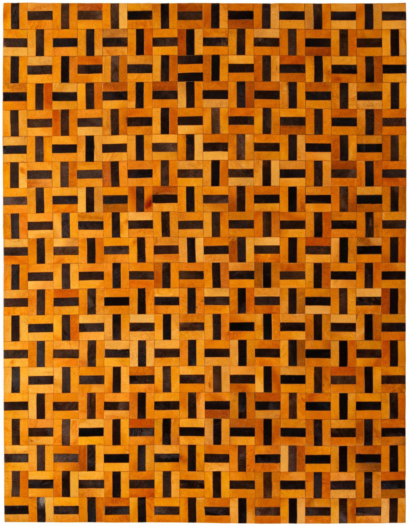A rectangular 8x10 Cowhide Patchwork rug featuring a modern stripe pattern in varying shades of orange and black.