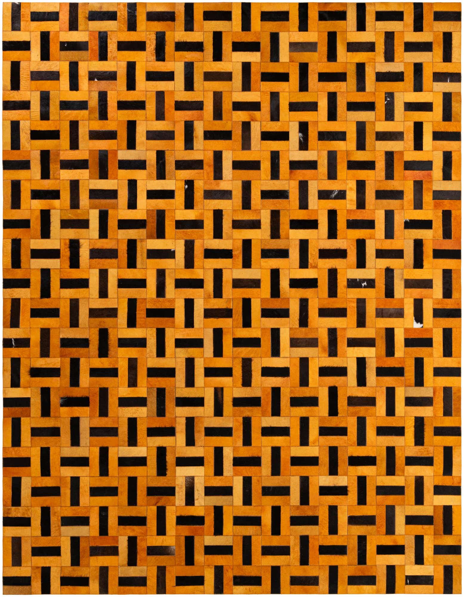 8x10 rectangular Cowhide - Patchwork rug featuring a modern stripe pattern in varying shades of orange and black.