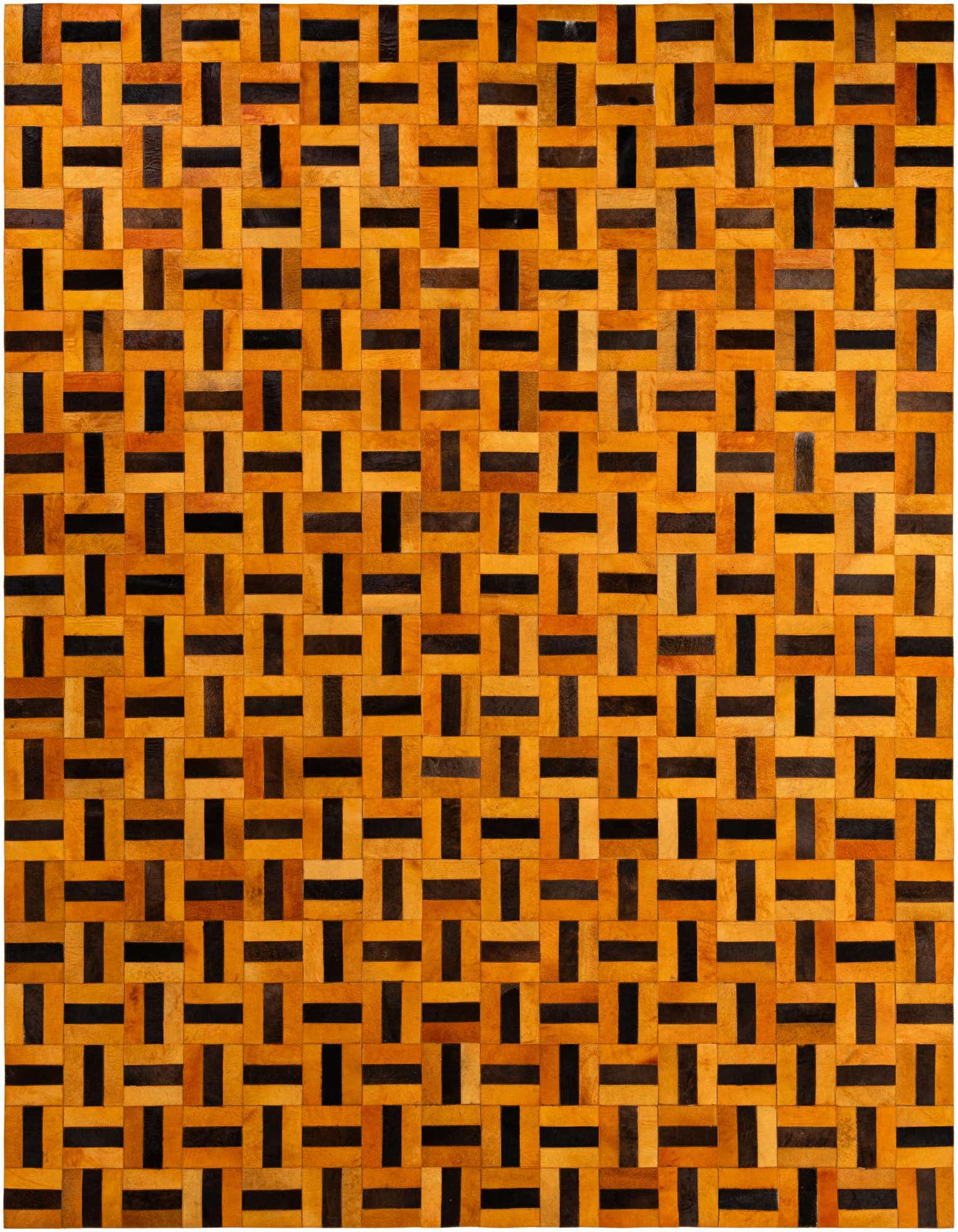 8x10 rectangular Cowhide - Patchwork rug featuring a modern stripe pattern in varying shades of orange and black.