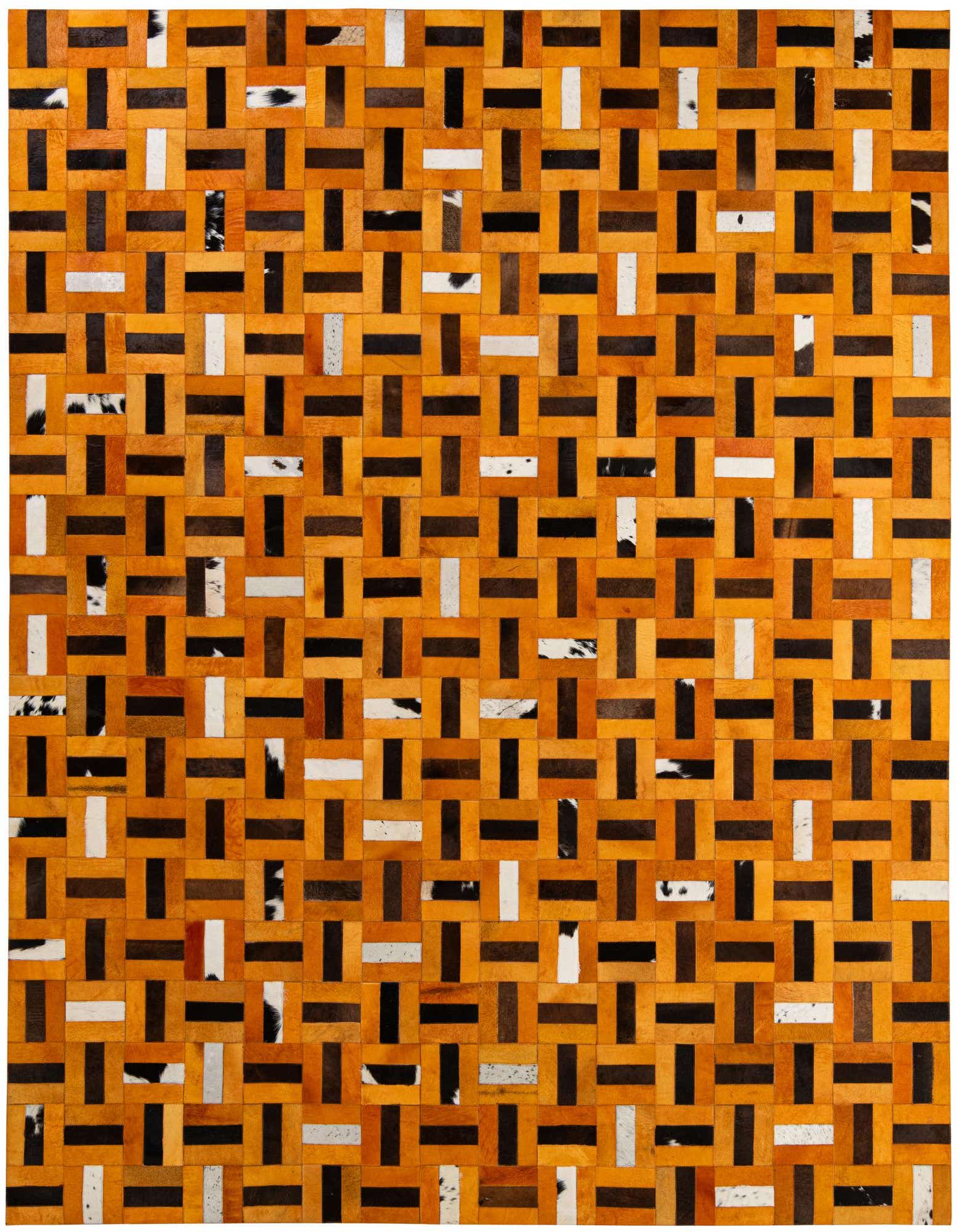 A rectangular 8x10 modern cowhide rug featuring a patchwork design of orange, brown, and white spotted leather squares.