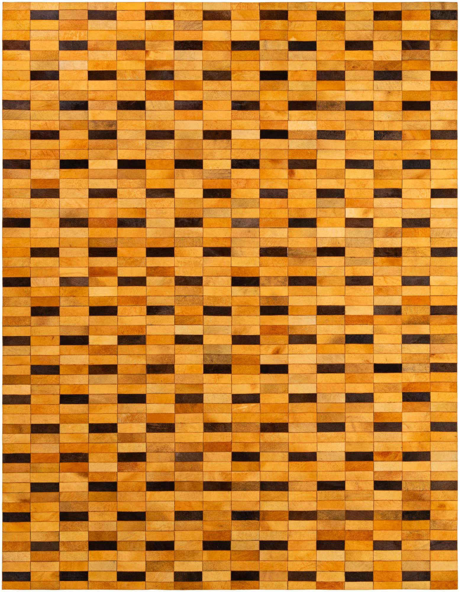 A rectangular 8x10 orange cowhide rug featuring a modern patchwork pattern of varying orange and brown rectangular strips.