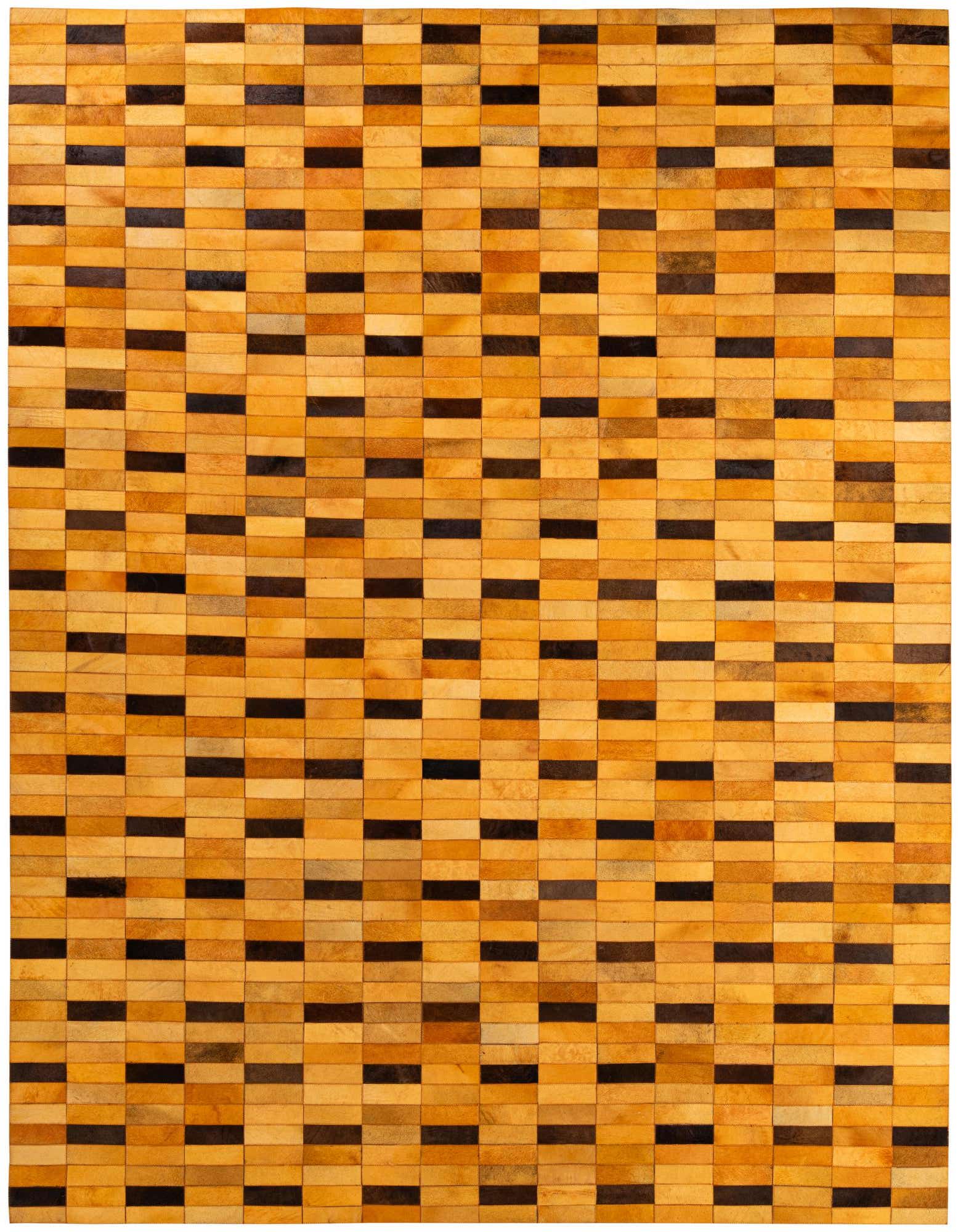 8x10 rectangular Cowhide - Patchwork rug featuring a modern stripe pattern of varying orange and dark brown rectangular patches, ideal for a living room.