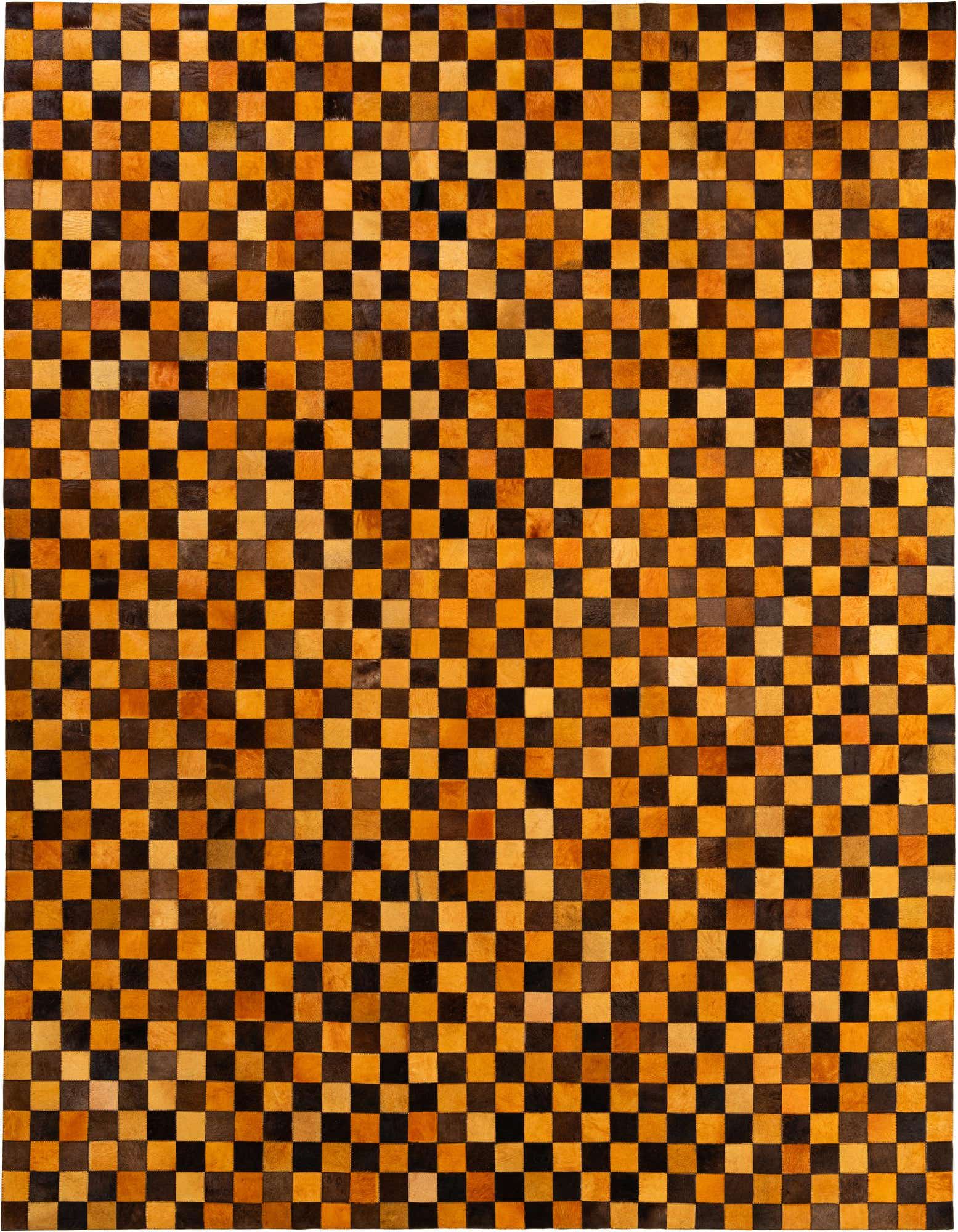 A rectangular 8x10 Cowhide Patchwork rug featuring a modern checkerboard pattern in varying shades of orange and dark brown.
