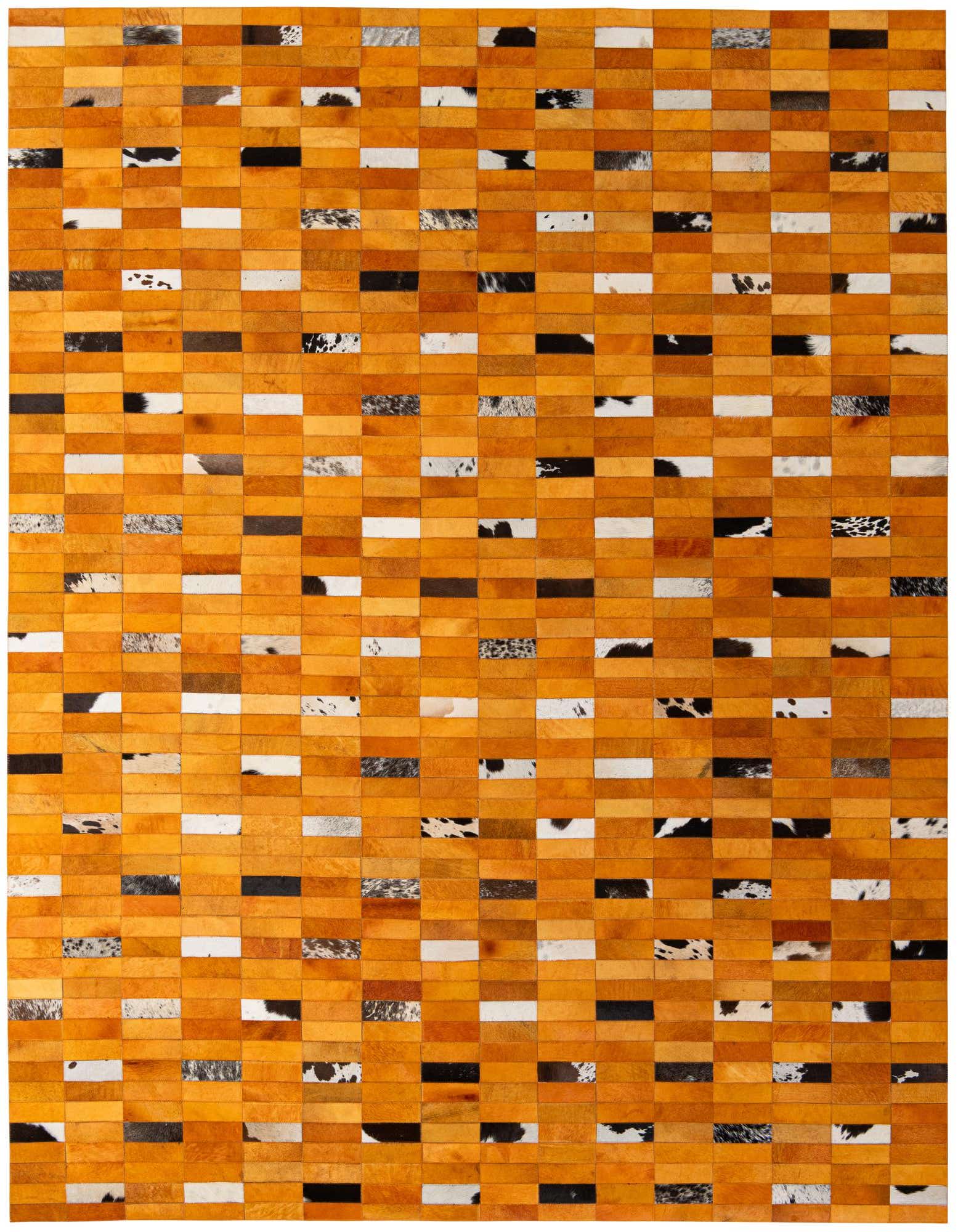 A rectangular 8x10 orange cowhide rug featuring a modern patchwork stripe pattern with varying shades of orange, black, and white.
