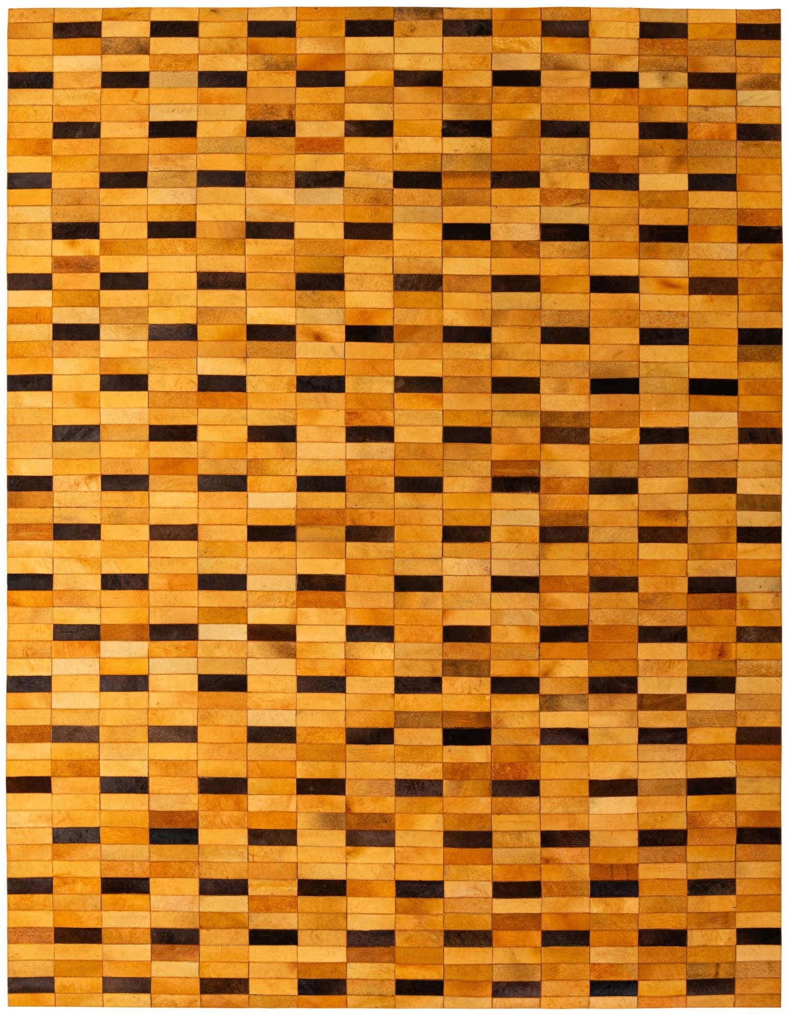 8x10 rectangular Cowhide - Patchwork rug featuring a modern stripe pattern in varying shades of orange and brown.