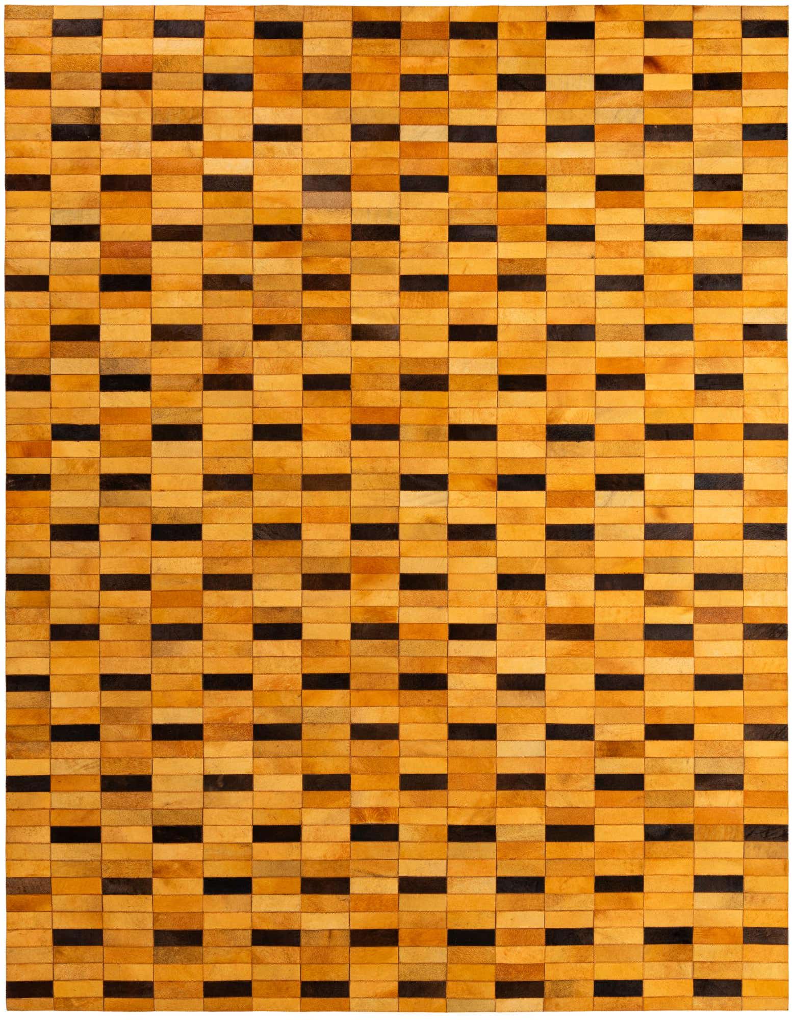 8x10 rectangular Cowhide - Patchwork rug featuring a modern stripe pattern in varying shades of orange and black.