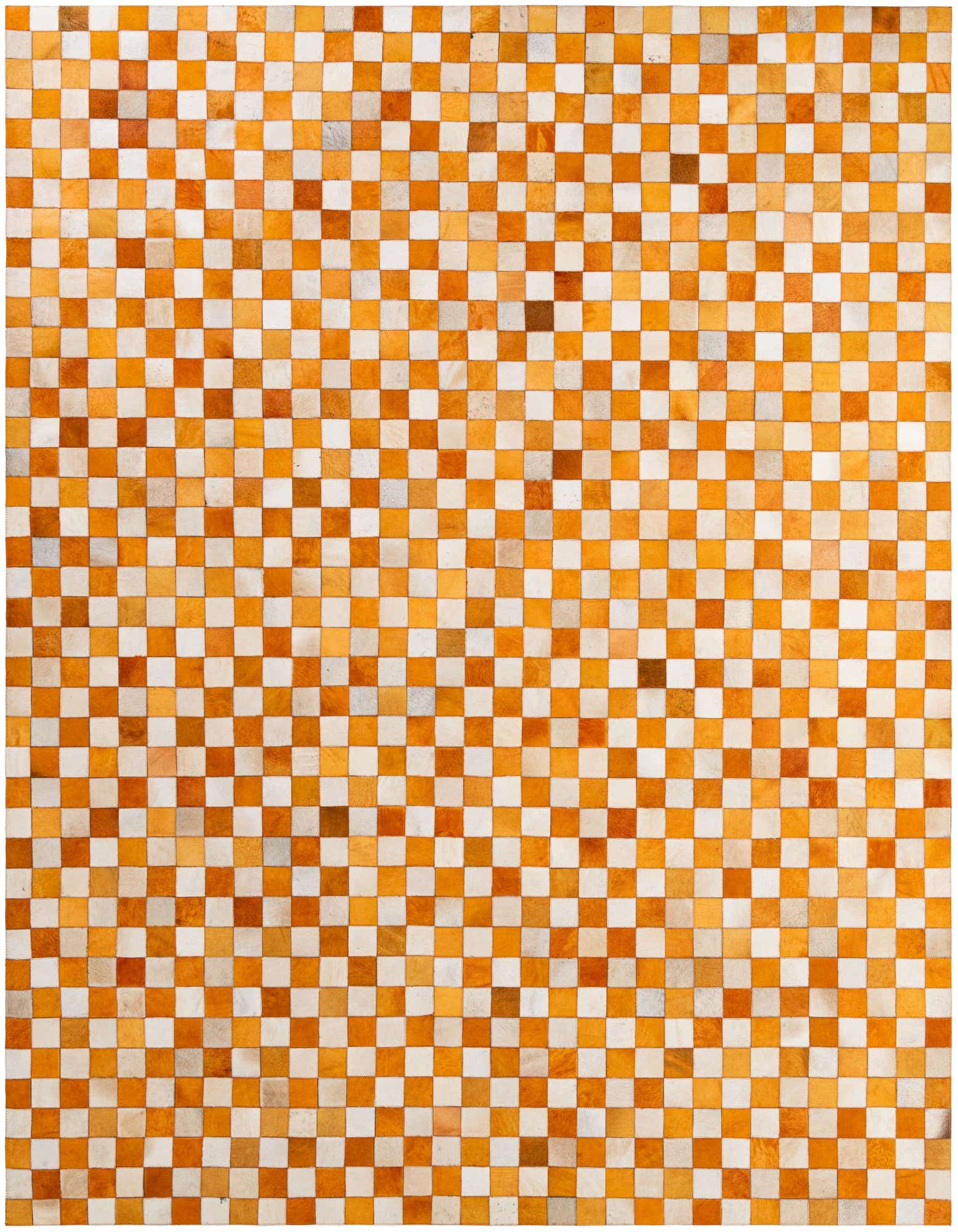 A rectangular 8x10 Cowhide Patchwork rug in a modern checkerboard pattern of varying orange and white squares.