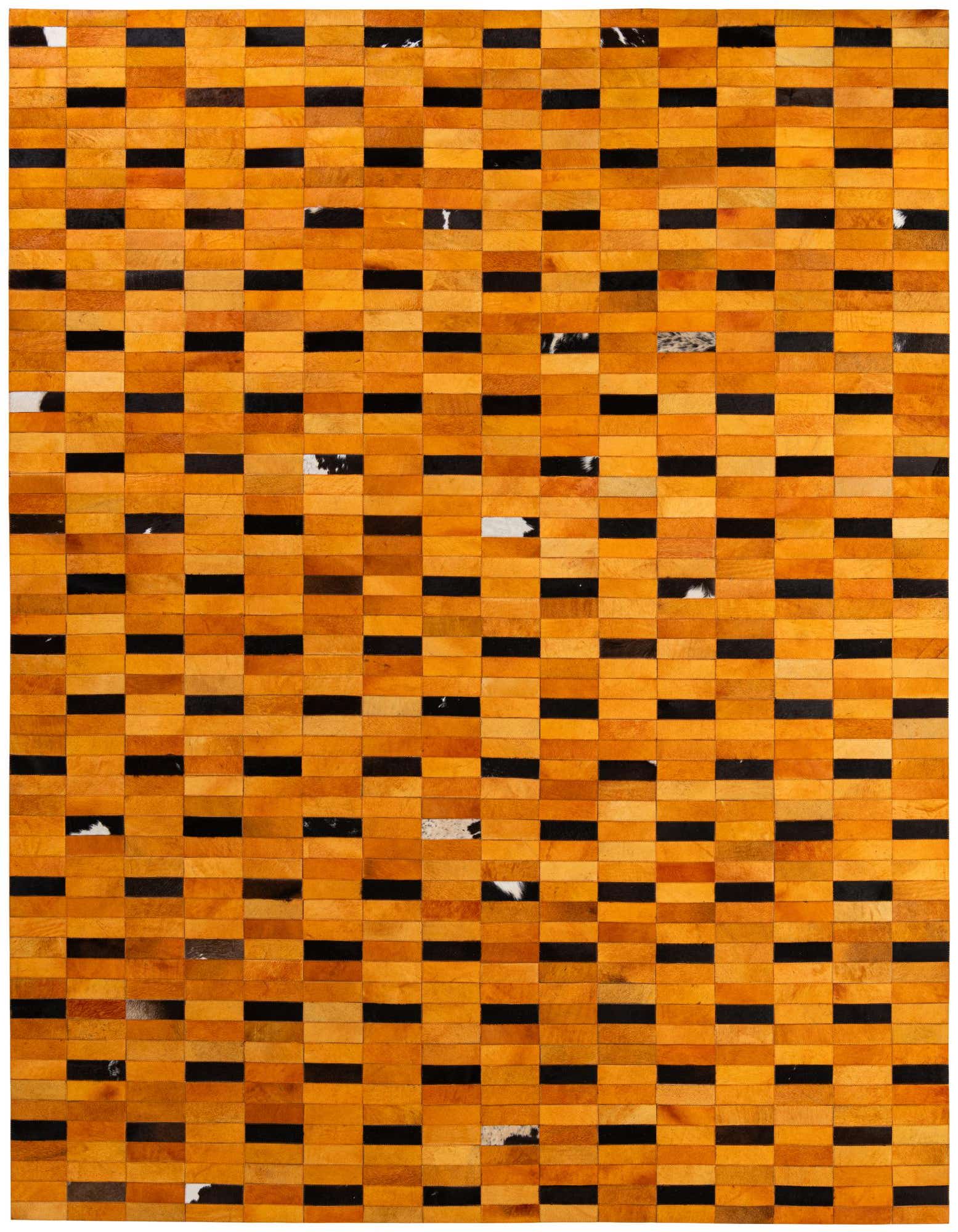 A rectangular 8x10 orange cowhide rug featuring a modern patchwork pattern with alternating black and orange rectangular pieces.