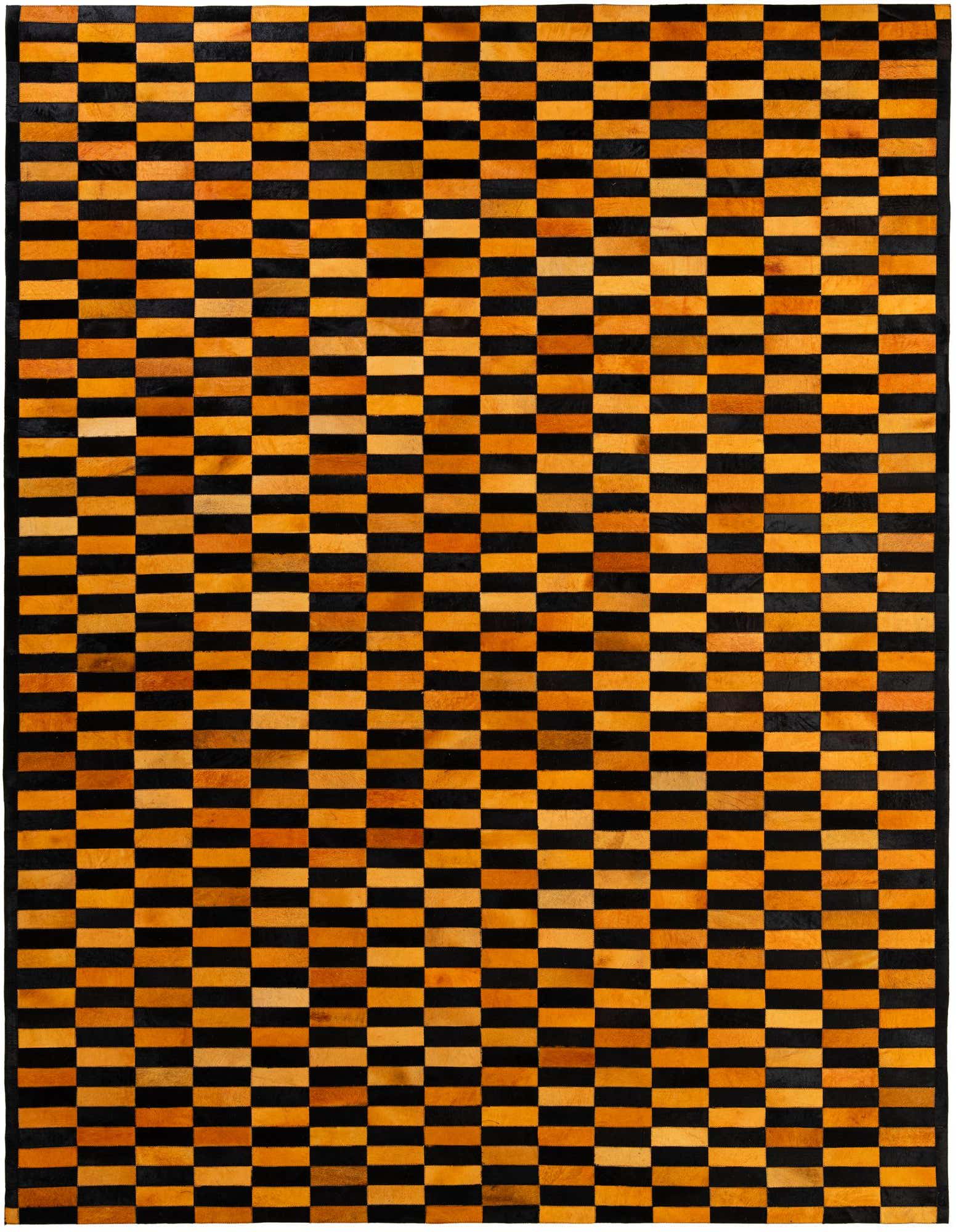 A rectangular 8x10 modern cowhide rug featuring a checkerboard pattern of alternating orange and black stripes.