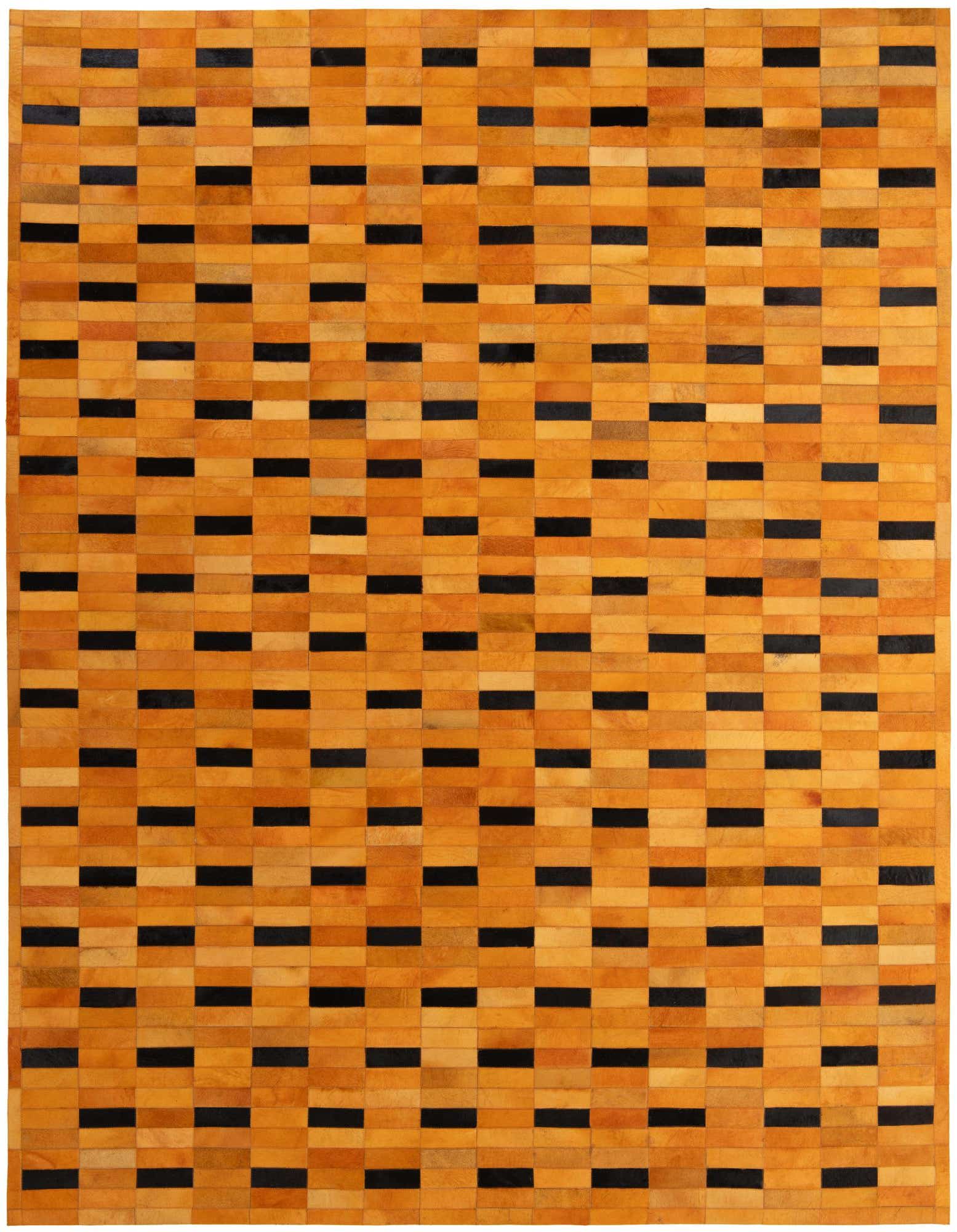 8x10 rectangular Cowhide - Patchwork rug featuring a modern stripe pattern in varying shades of orange and black.