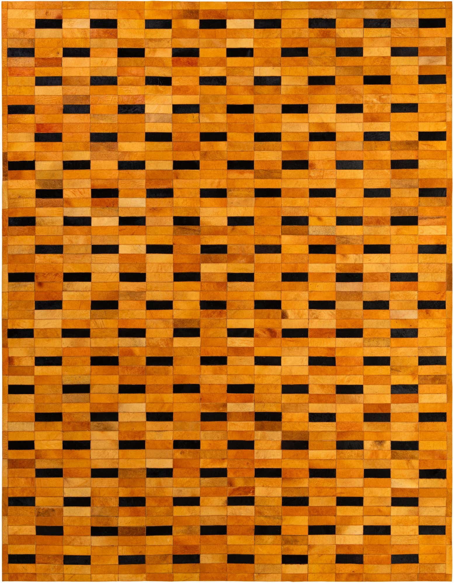 8x10 rectangular Cowhide - Patchwork rug featuring a modern pattern of alternating orange and black rectangular patches.