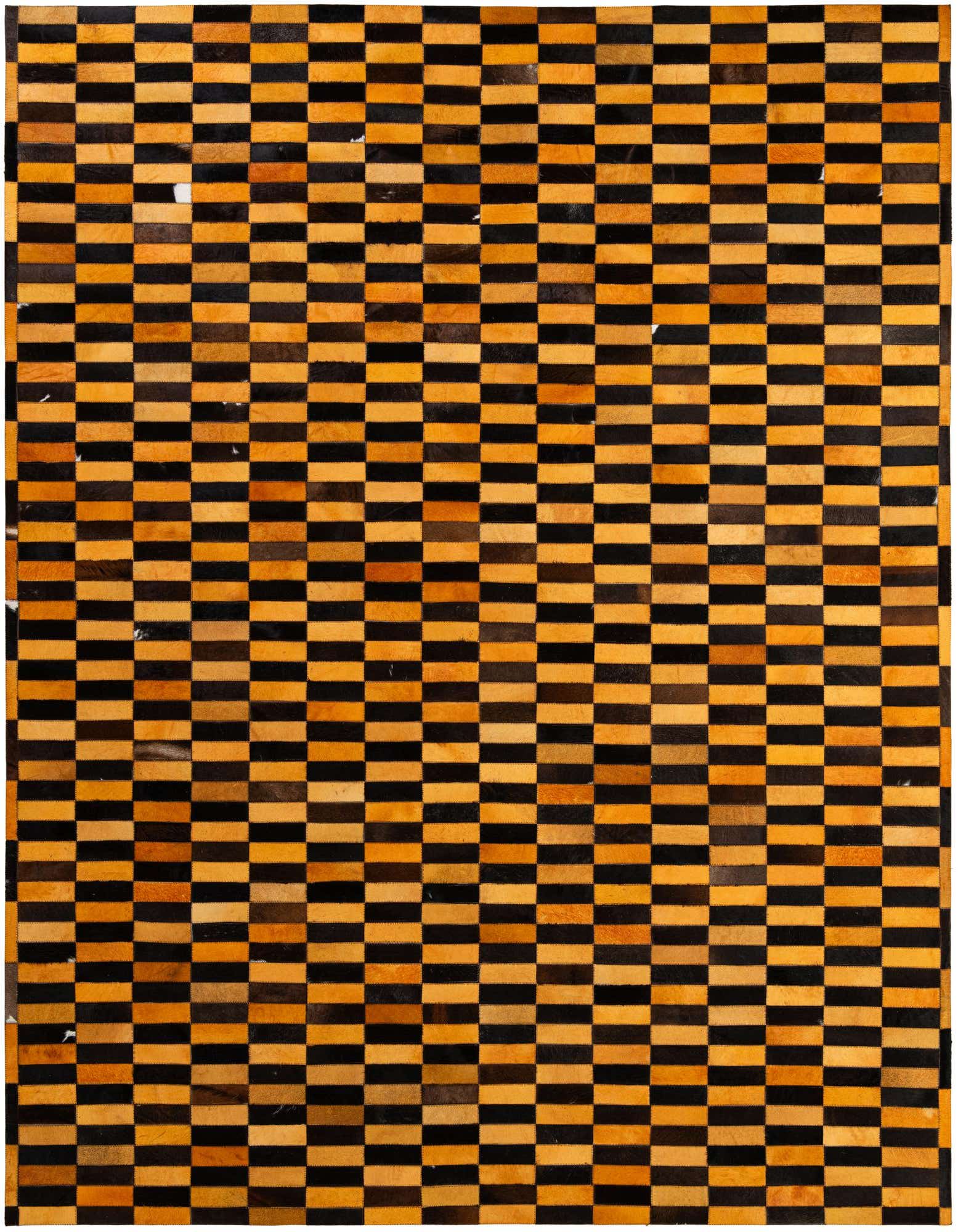 A rectangular 8x10 Cowhide Patchwork rug featuring a modern stripe pattern in varying shades of orange and black.