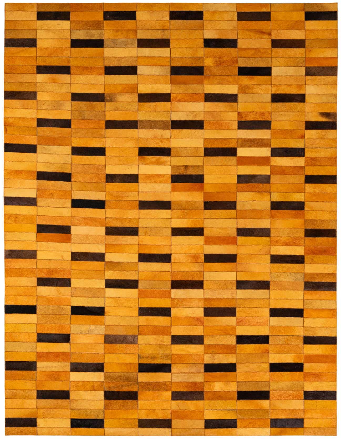 A 5x8 rectangular cowhide rug featuring a modern patchwork stripe pattern in varying shades of orange and black.