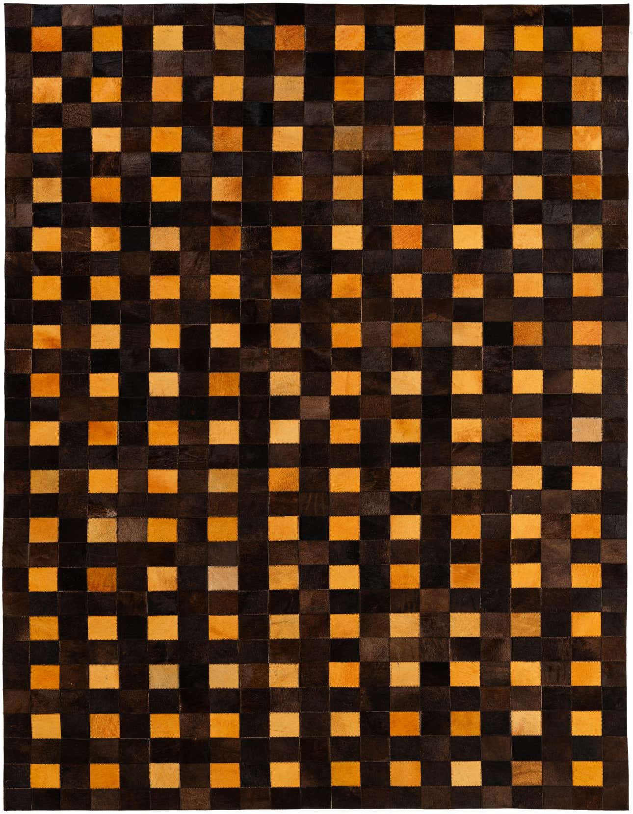 A 5x8 rectangular Cowhide - Patchwork rug featuring a modern checkerboard pattern of dark brown and varied orange squares.